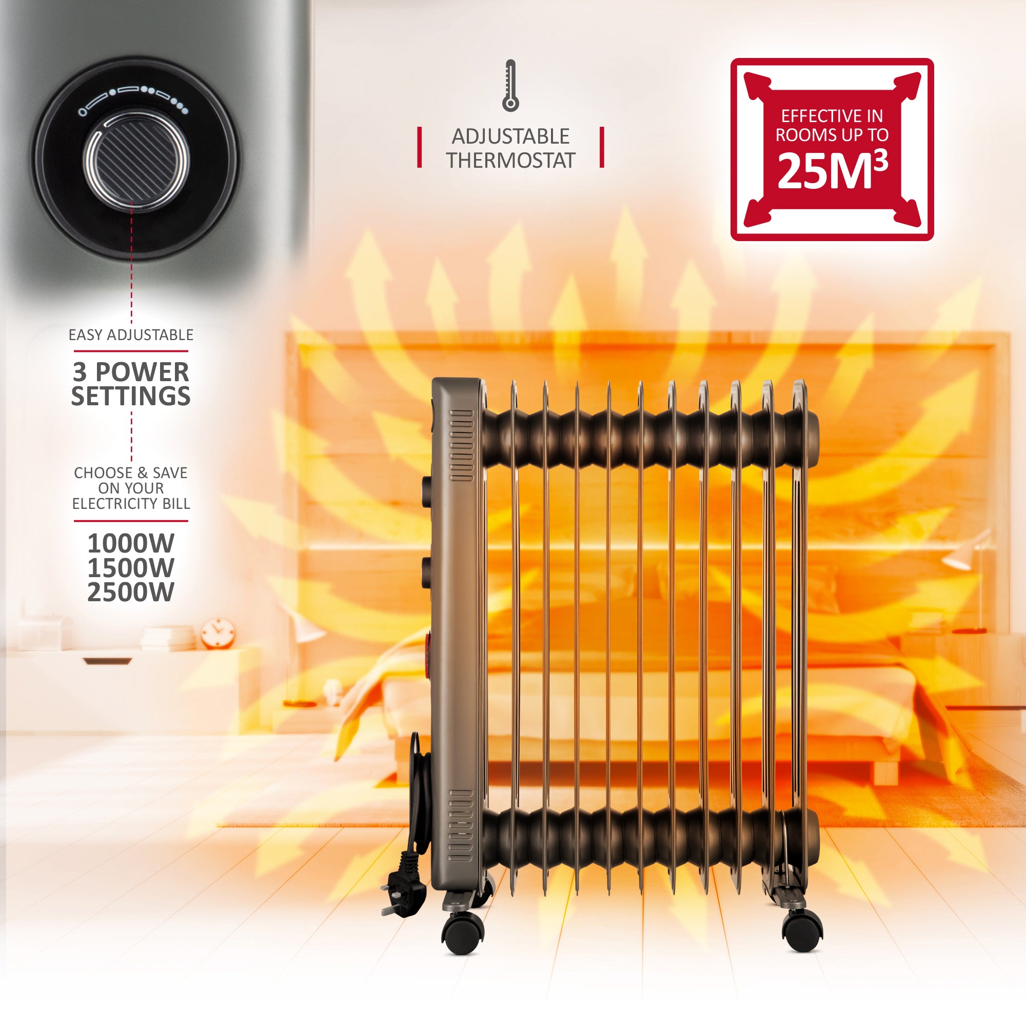 NETTA Electric Oil Filled Radiator 2500W, Portable Heater with Thermostat & 24 Hour Timer, 3 Power Settings, 11 Fin