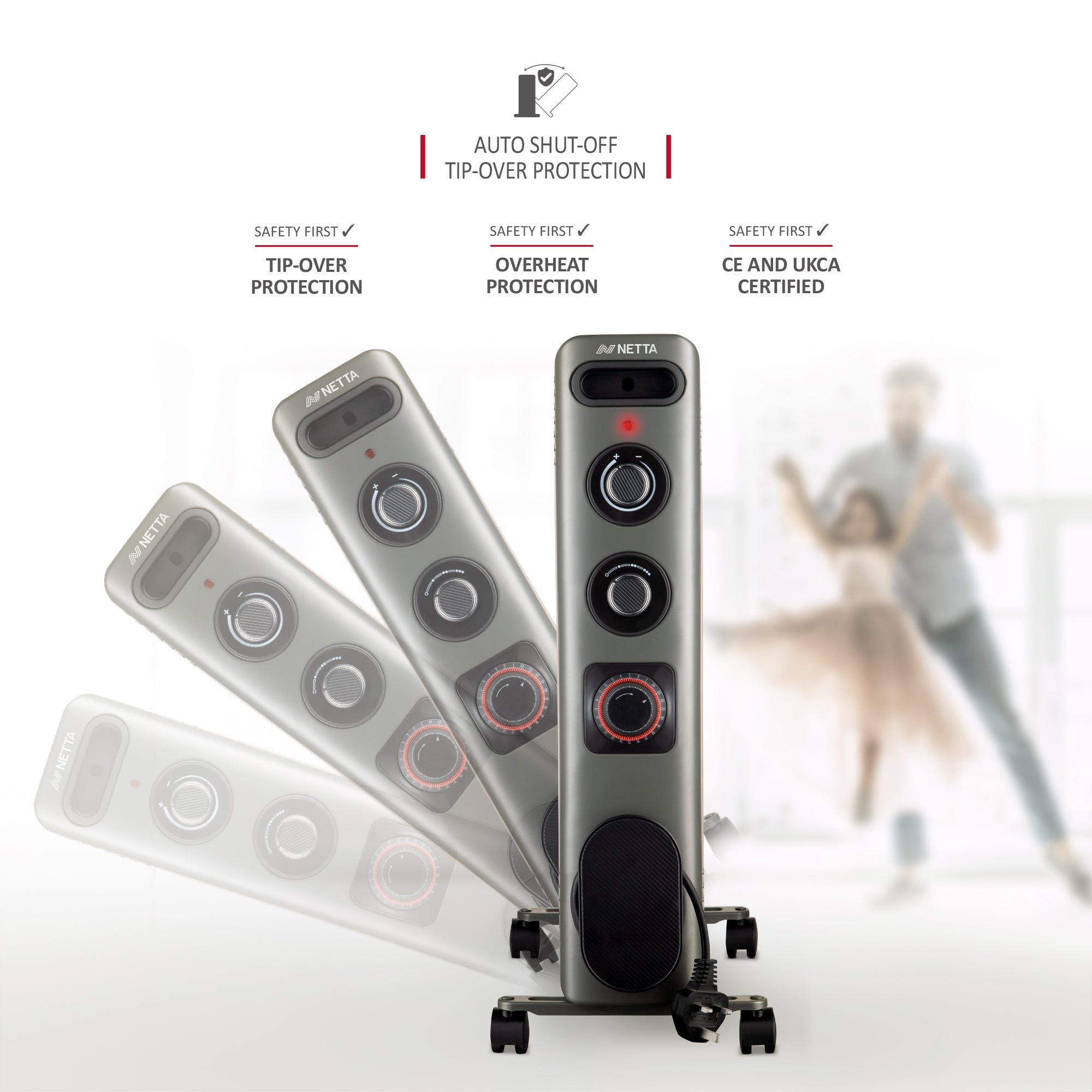 NETTA Electric Oil Filled Radiator 2500W, Portable Heater with Thermostat & 24 Hour Timer, 3 Power Settings, 11 Fin