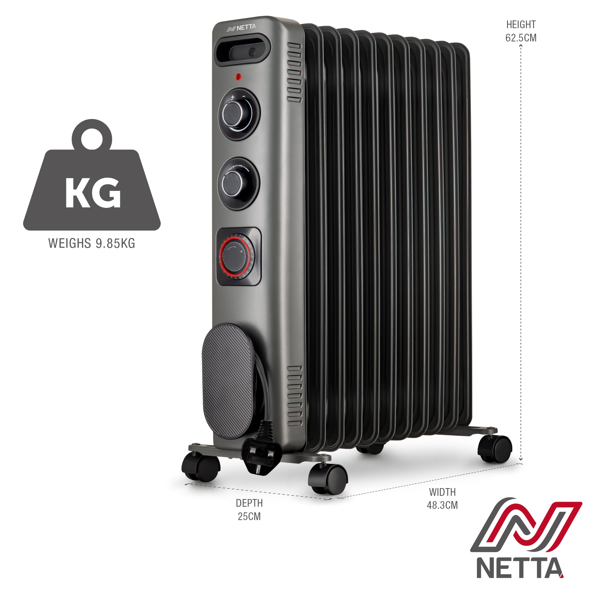 NETTA Electric Oil Filled Radiator 2500W, Portable Heater with Thermostat & 24 Hour Timer, 3 Power Settings, 11 Fin