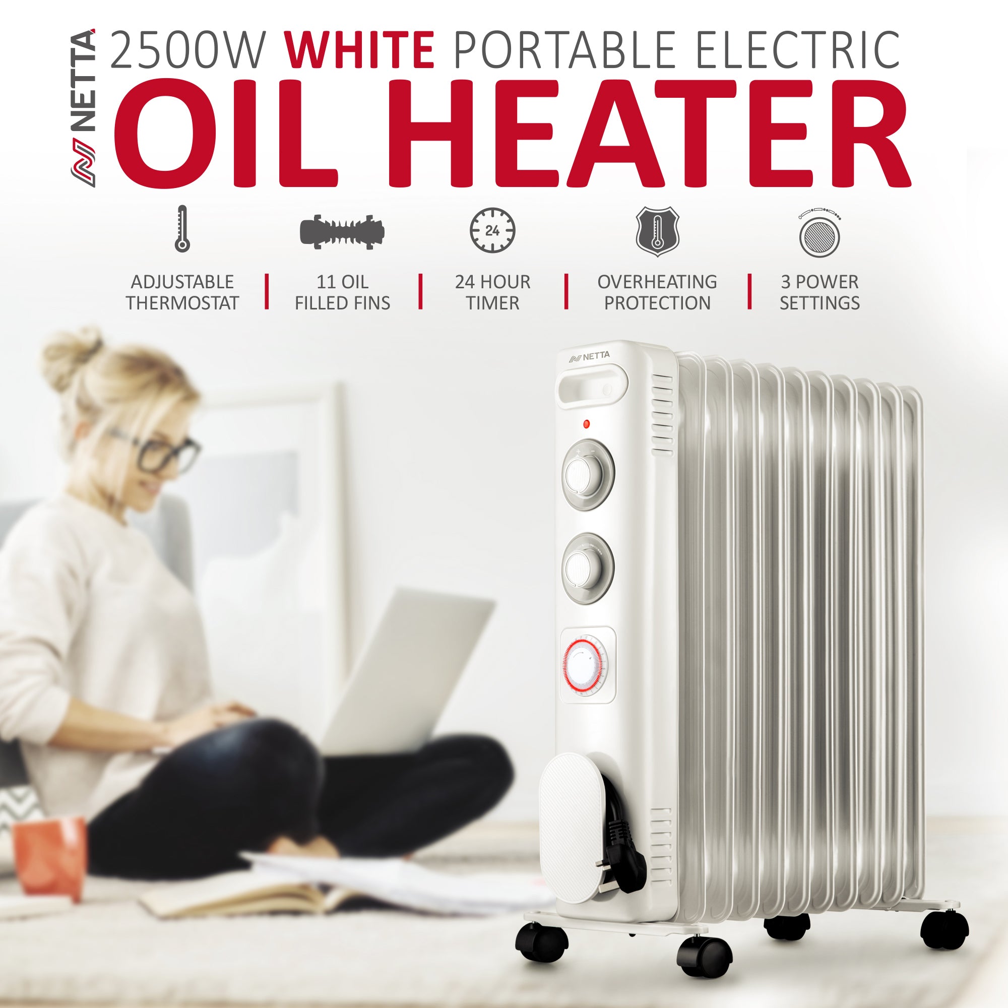 NETTA Electric Oil Filled Radiator 2500W, Portable Heater with Thermostat & 24 Hour Timer, 3 Power Settings, 11 Fin