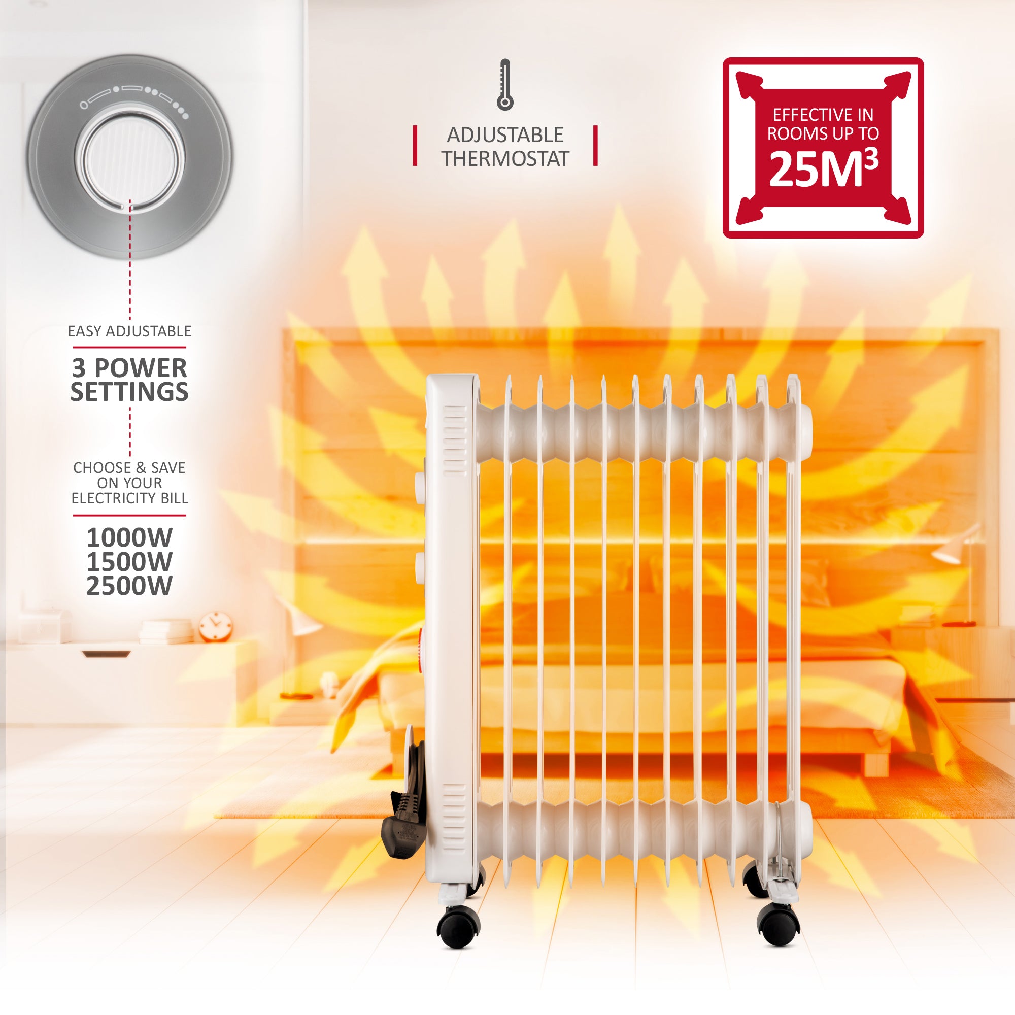 NETTA Electric Oil Filled Radiator 2500W, Portable Heater with Thermostat & 24 Hour Timer, 3 Power Settings, 11 Fin