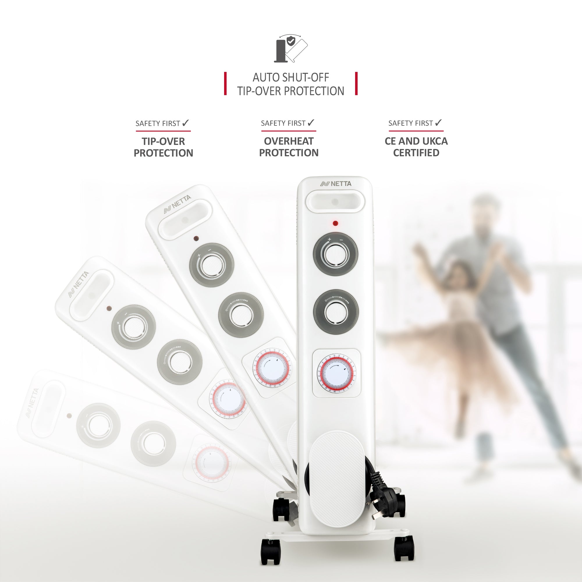 NETTA Electric Oil Filled Radiator 2500W, Portable Heater with Thermostat & 24 Hour Timer, 3 Power Settings, 11 Fin