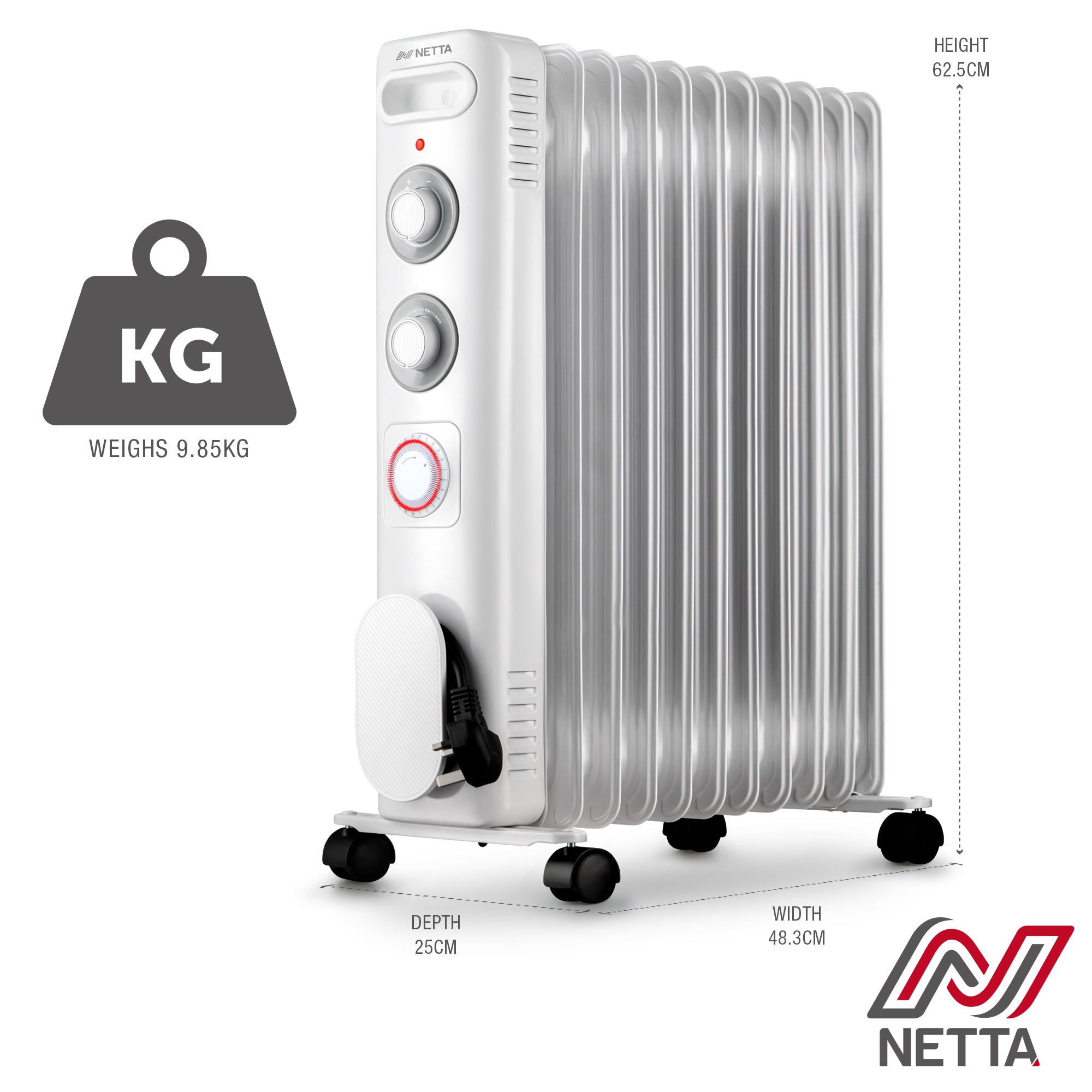 NETTA Electric Oil Filled Radiator 2500W, Portable Heater with Thermostat & 24 Hour Timer, 3 Power Settings, 11 Fin