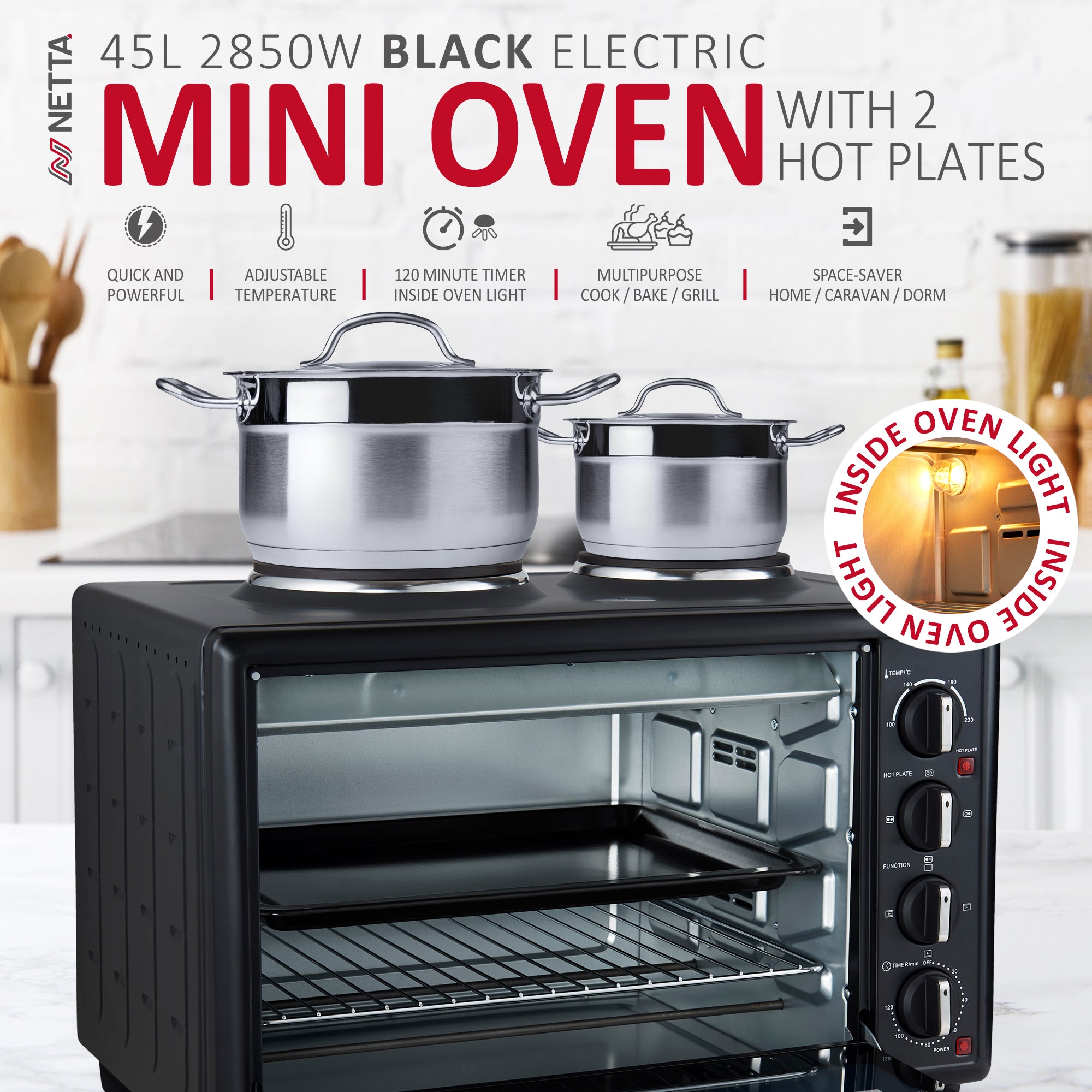 NETTA Electric Mini Oven 45L with Double Hotplate, Grill, Multiple Cooking Functions, Adjustable Temperature Control, 120 Minute Timer, Accessories Included - 1500W