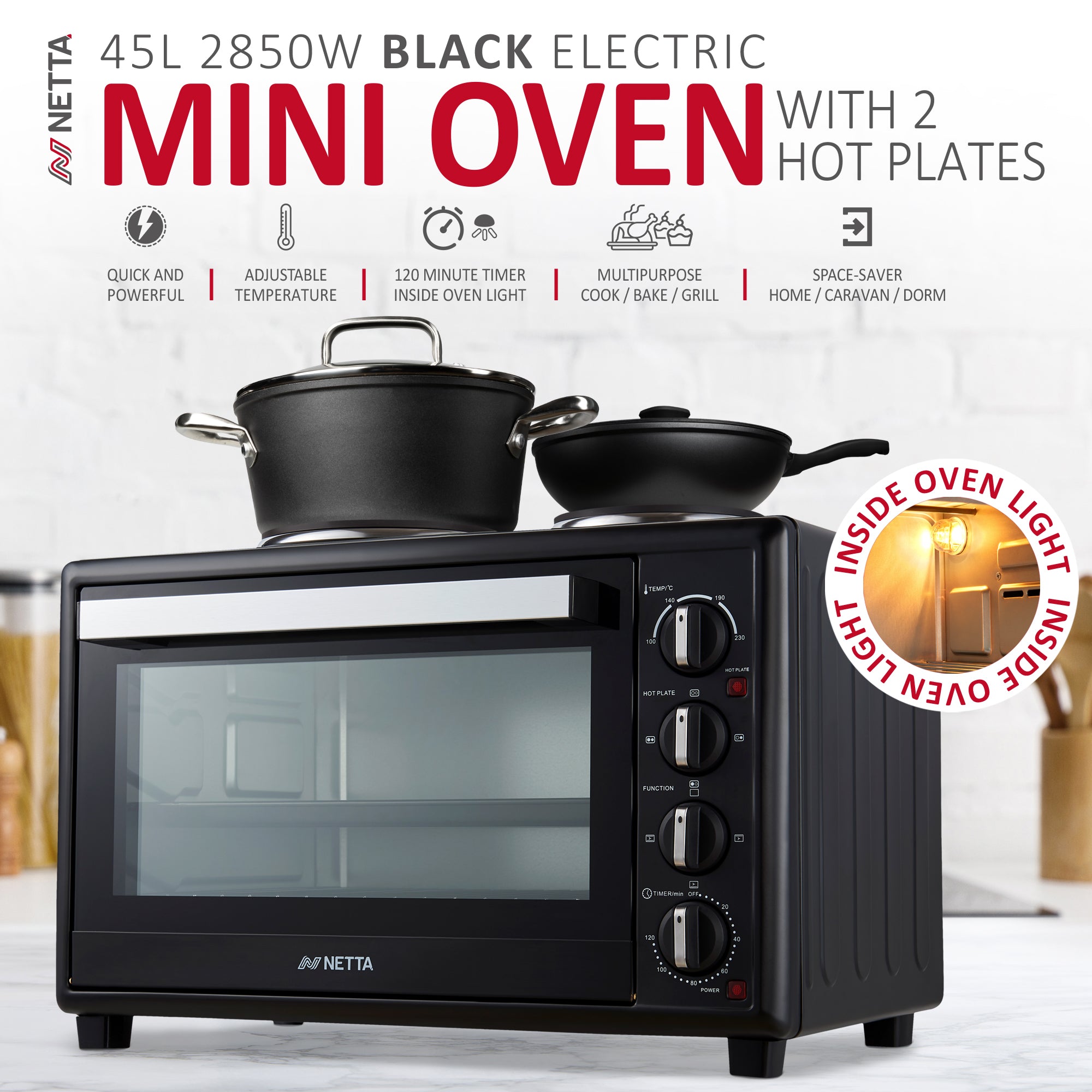 NETTA Electric Mini Oven 45L with Double Hotplate, Grill, Multiple Cooking Functions, Adjustable Temperature Control, 120 Minute Timer, Accessories Included - 1500W
