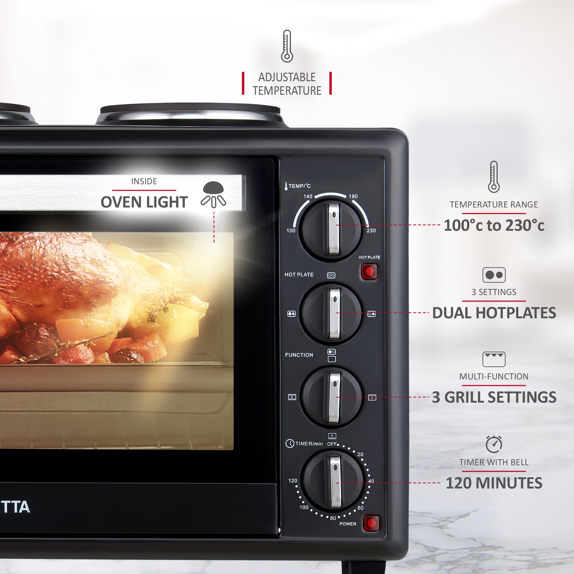 NETTA Electric Mini Oven 45L with Double Hotplate, Grill, Multiple Cooking Functions, Adjustable Temperature Control, 120 Minute Timer, Accessories Included - 1500W