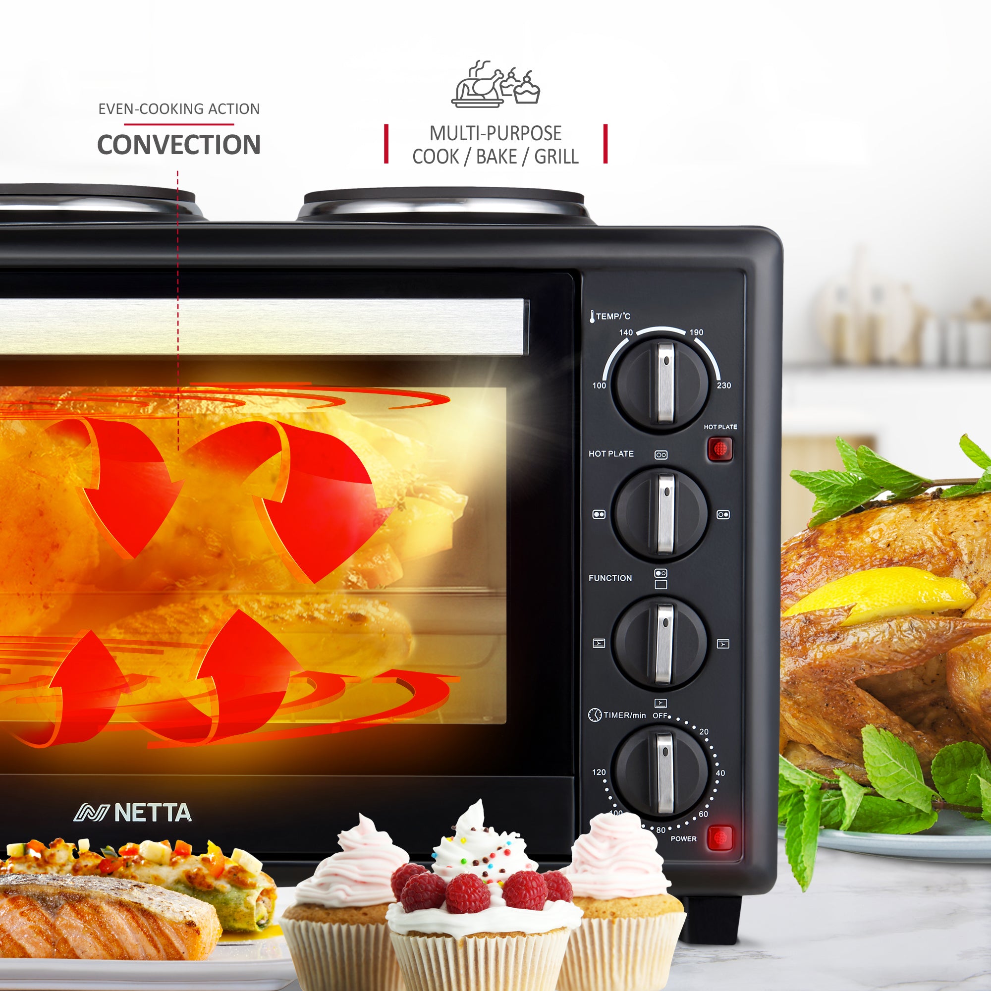 NETTA Electric Mini Oven 45L with Double Hotplate, Grill, Multiple Cooking Functions, Adjustable Temperature Control, 120 Minute Timer, Accessories Included - 2850W