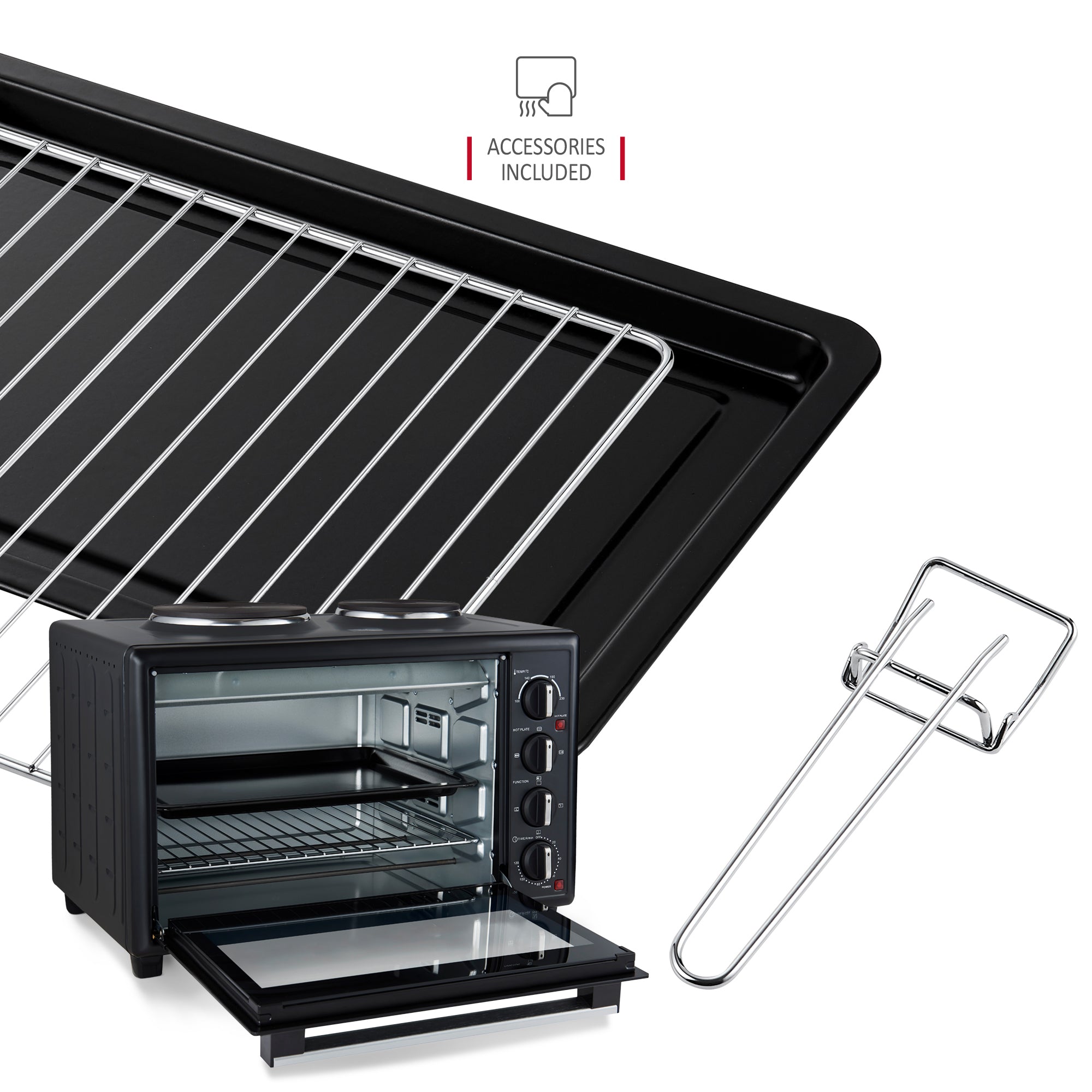 NETTA Electric Mini Oven 45L with Double Hotplate, Grill, Multiple Cooking Functions, Adjustable Temperature Control, 120 Minute Timer, Accessories Included - 1500W