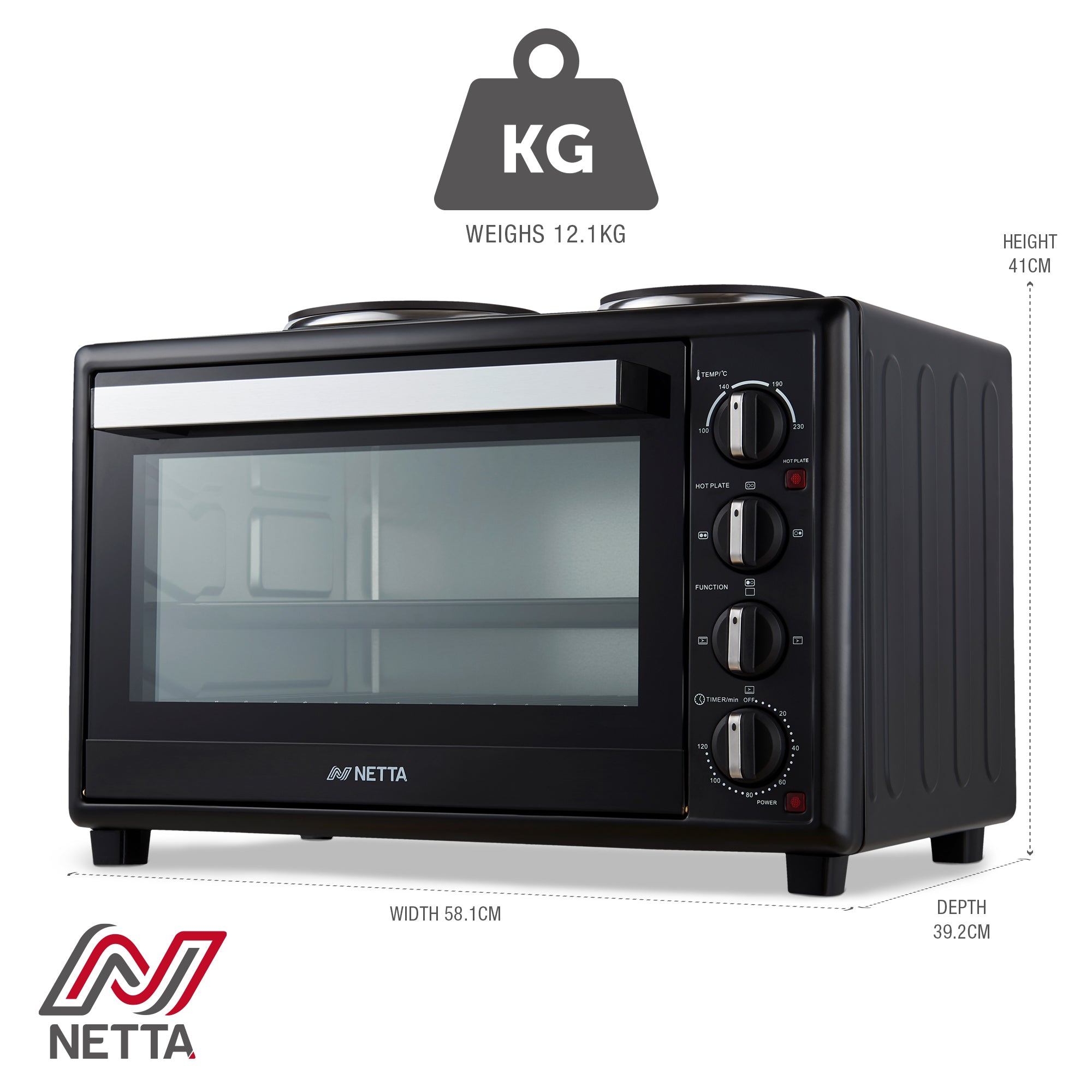 NETTA Electric Mini Oven 45L with Double Hotplate, Grill, Multiple Cooking Functions, Adjustable Temperature Control, 120 Minute Timer, Accessories Included - 2850W