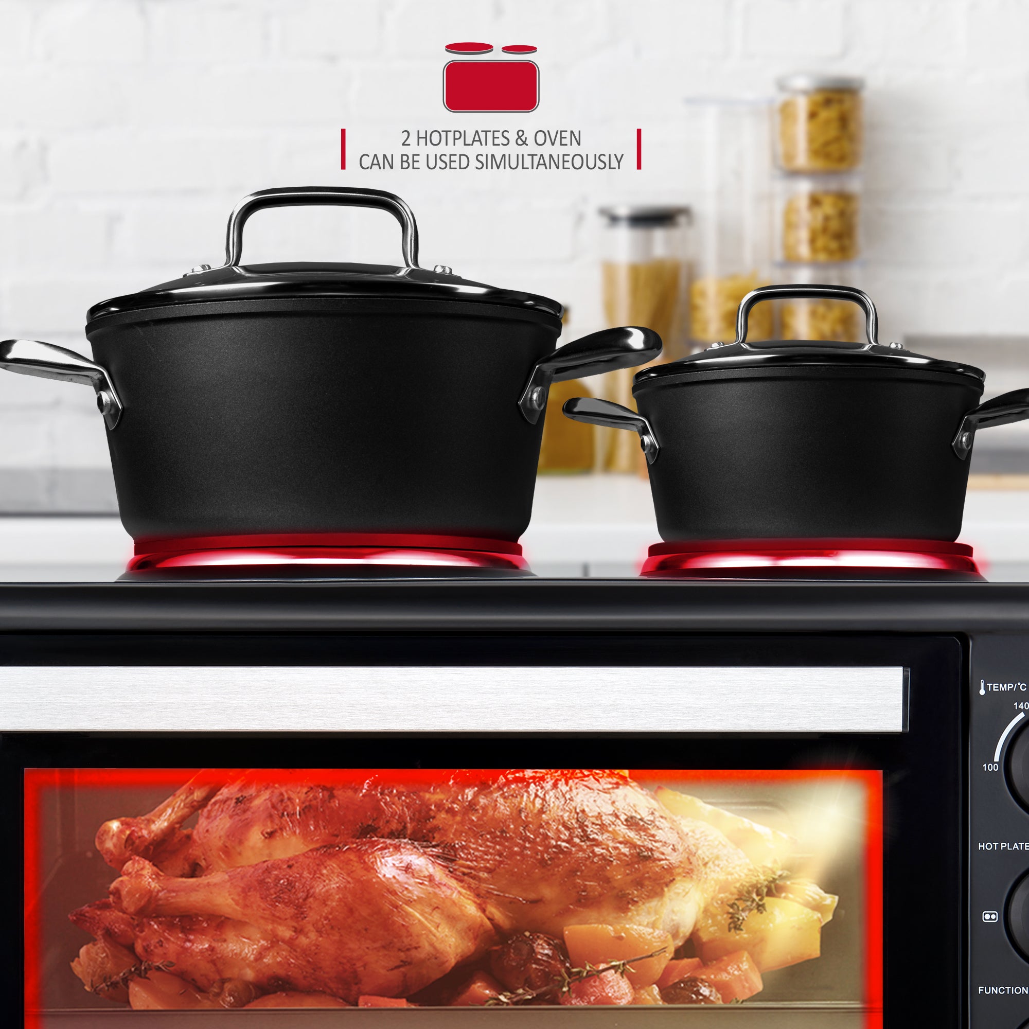 NETTA Electric Mini Oven 45L with Double Hotplate, Grill, Multiple Cooking Functions, Adjustable Temperature Control, 120 Minute Timer, Accessories Included - 2850W