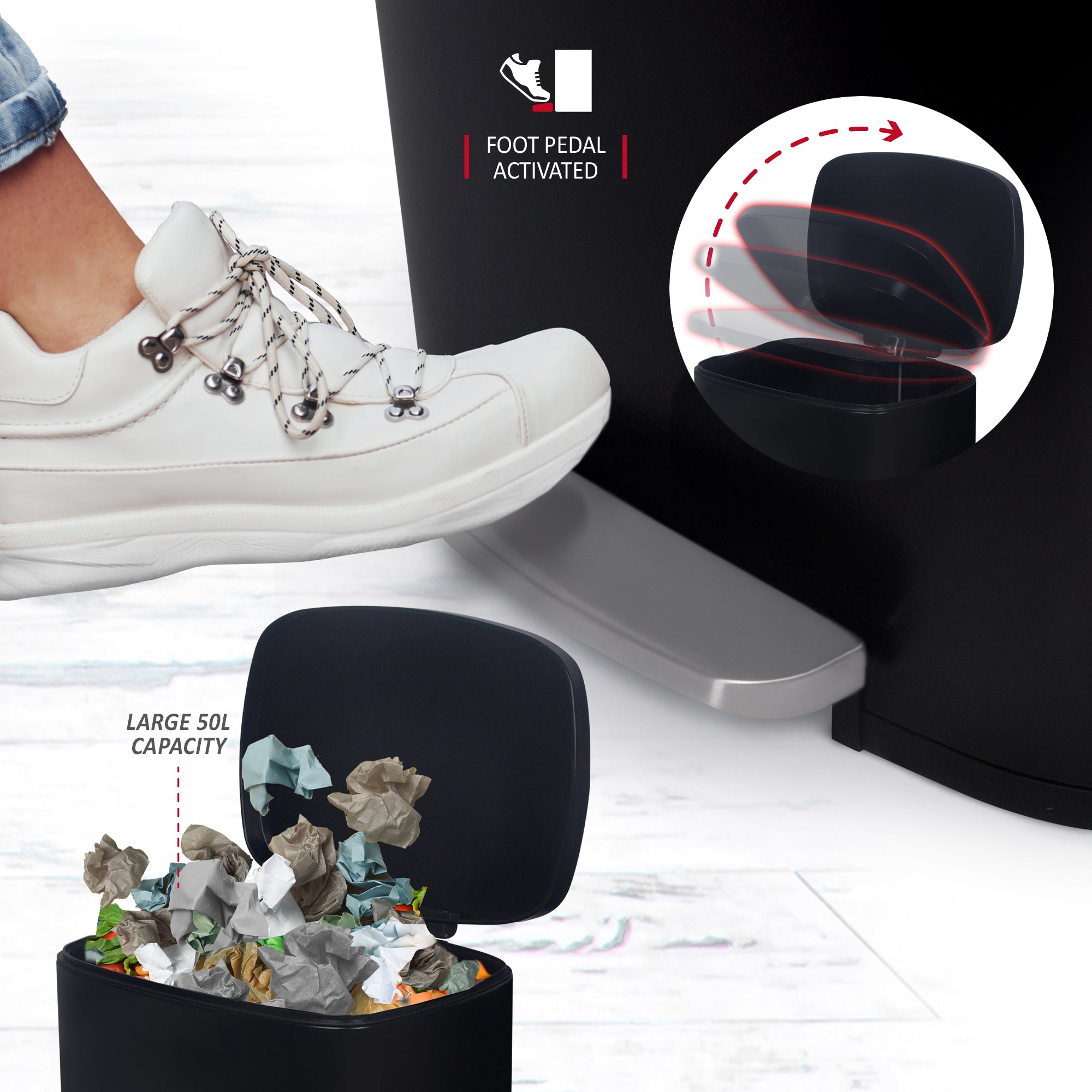 NETTA Kitchen Pedal Bin 50L Smudge Resistant with Inner Bucket, Brushed Stainless Steel Rubbish Bin, Soft Close