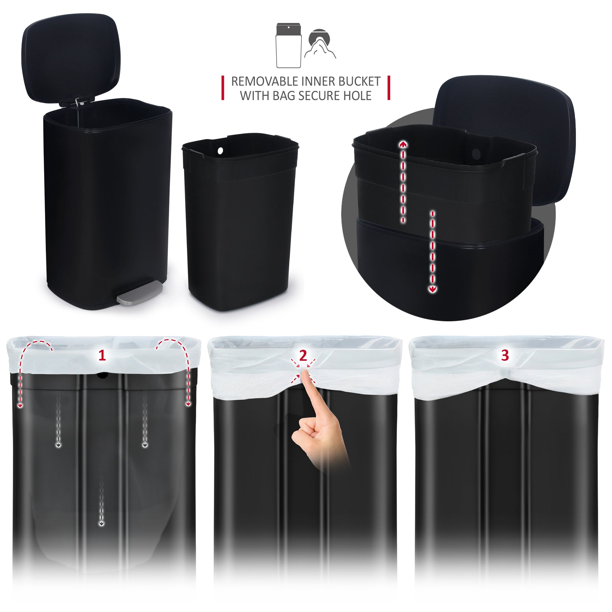 NETTA Kitchen Pedal Bin 50L Smudge Resistant with Inner Bucket, Brushed Stainless Steel Rubbish Bin, Soft Close