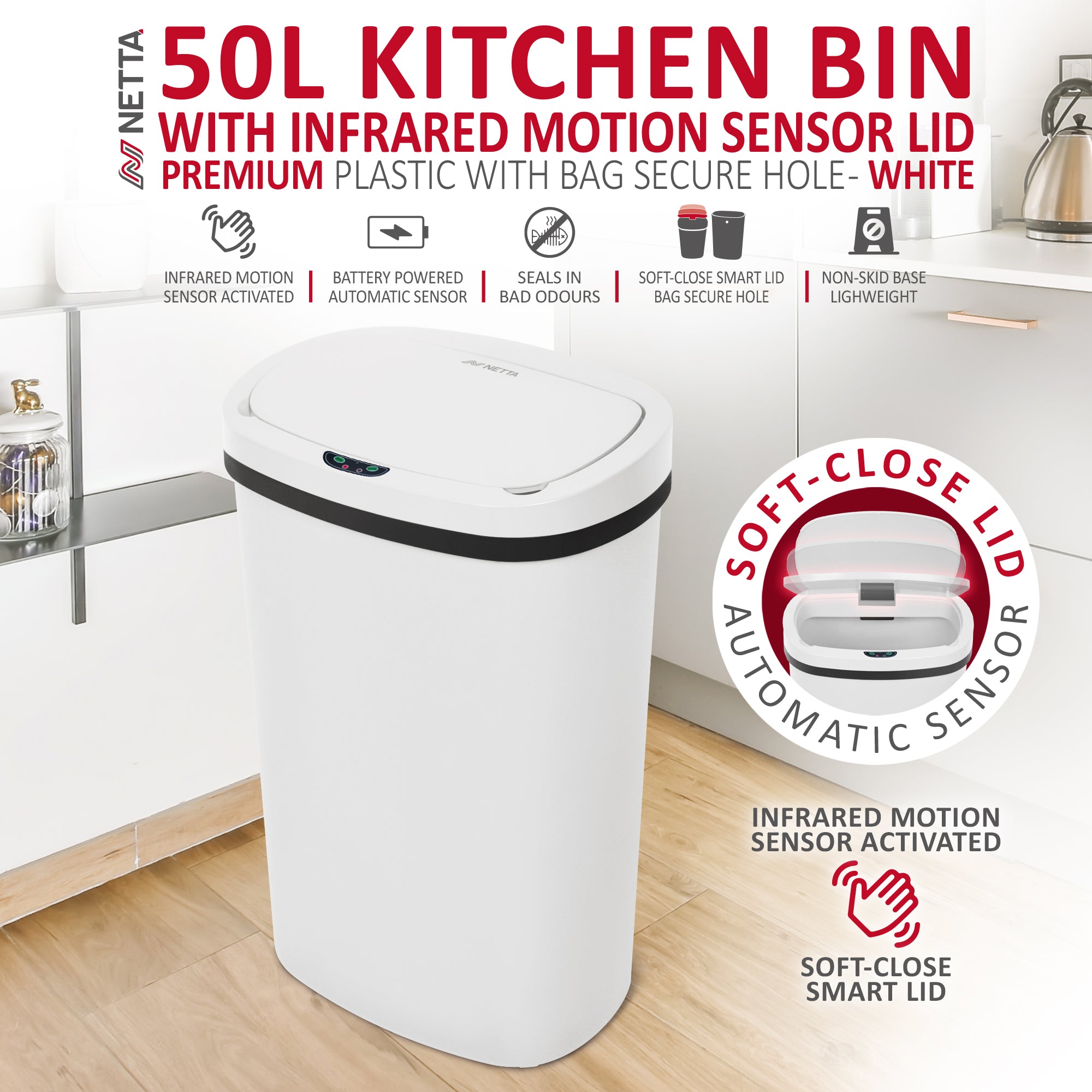 NETTA 50L Plastic Sensor Bin for Kitchen