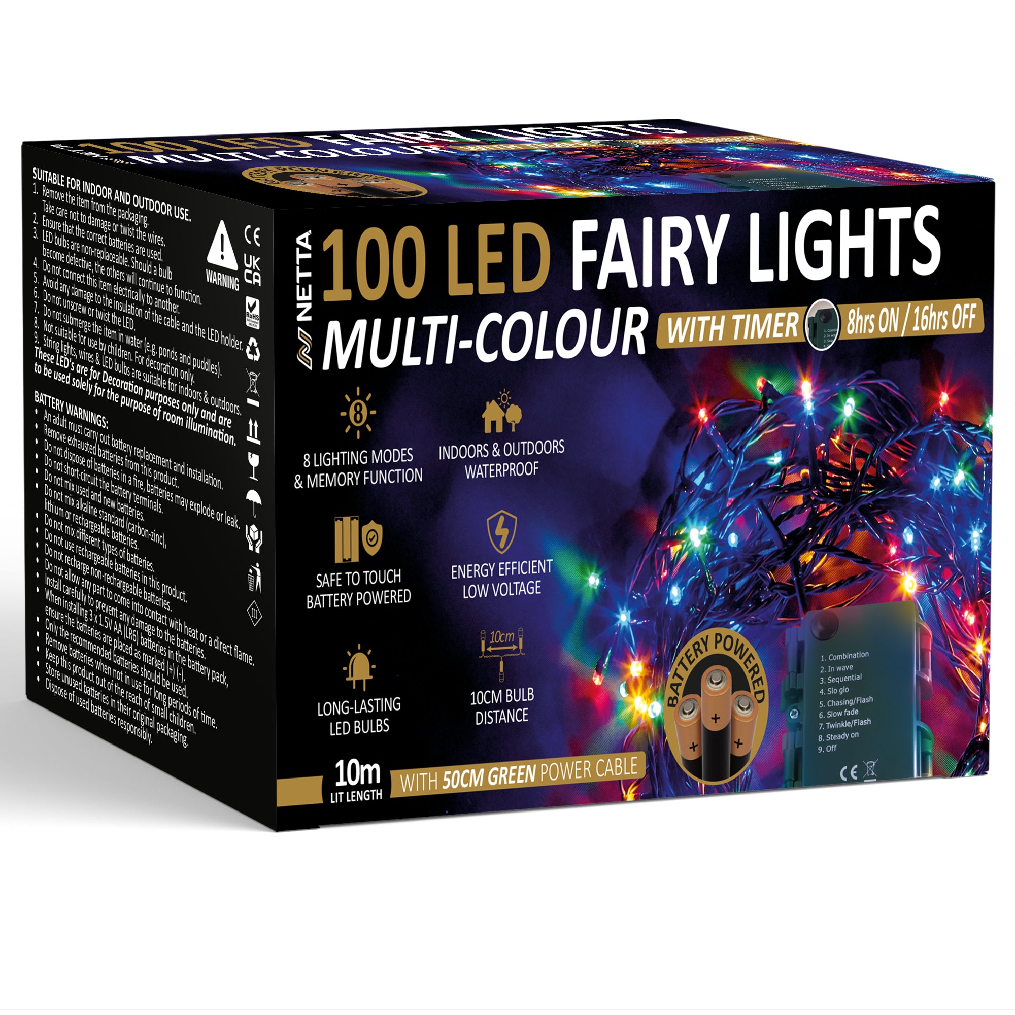 NETTA Battery Operated 100 LED 10M Christmas Tree Fairy Lights with Timer - 8 Different Mode String Lights