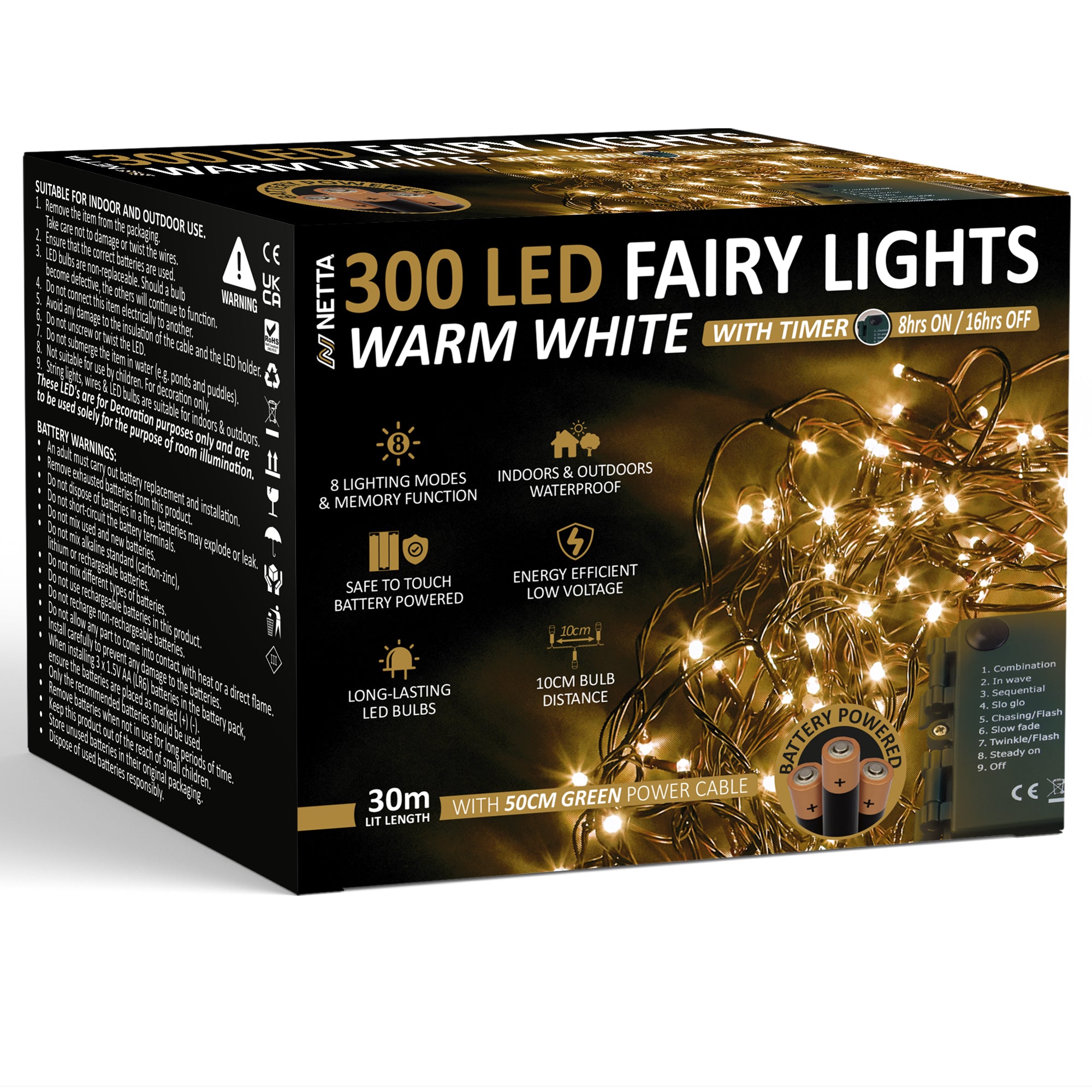 NETTA Battery Operated 100 LED 10M Christmas Tree Fairy Lights with Timer - 8 Different Mode String Lights
