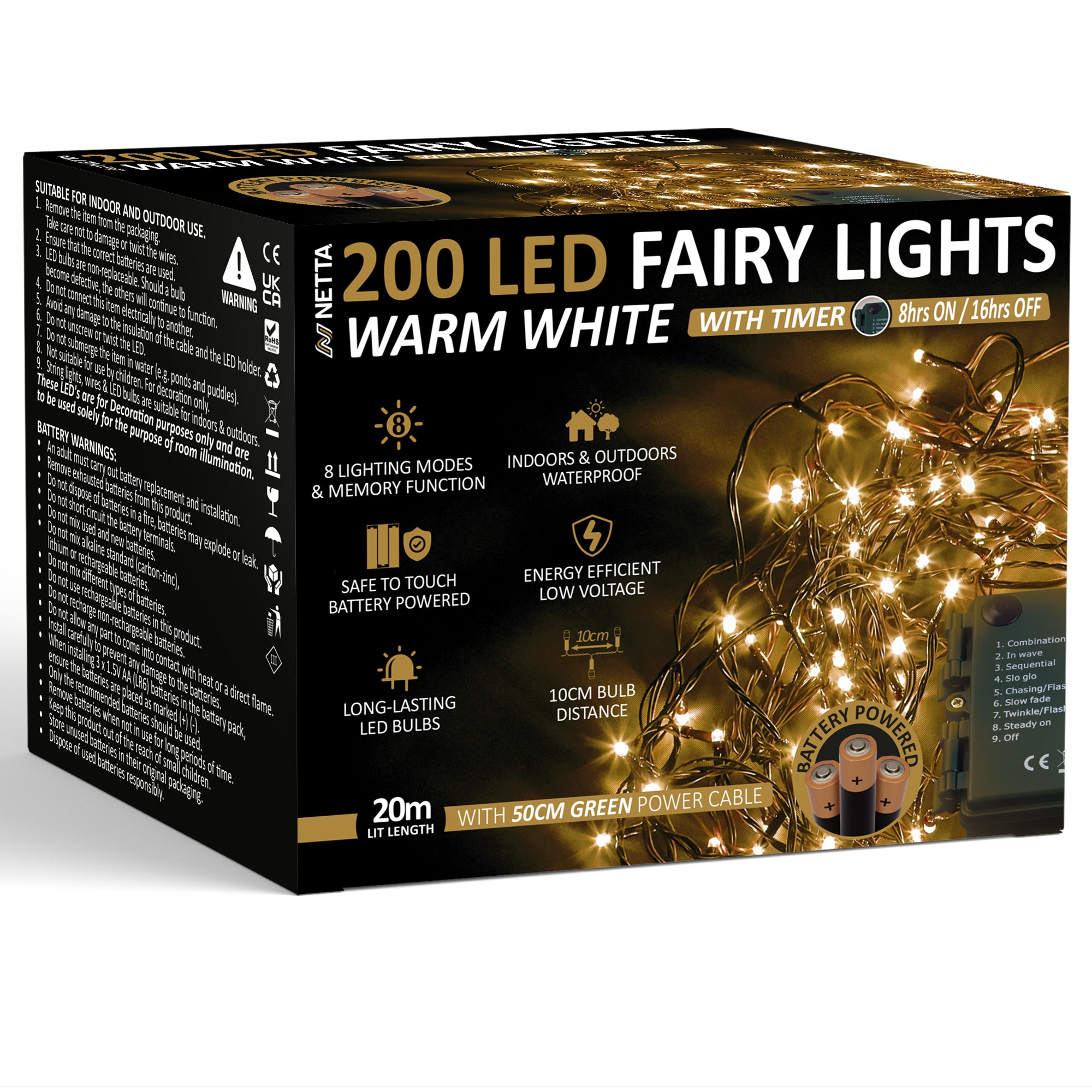 NETTA Battery Operated 100 LED 10M Christmas Tree Fairy Lights with Timer - 8 Different Mode String Lights