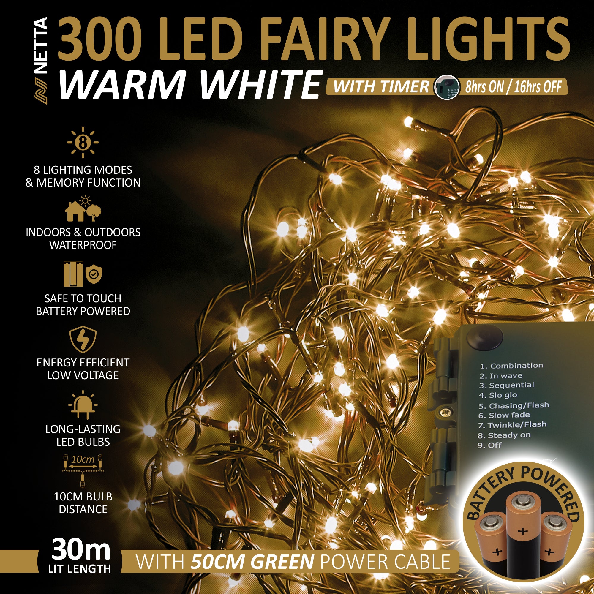 NETTA Battery Operated 100 LED 10M Christmas Tree Fairy Lights with Timer - 8 Different Mode String Lights