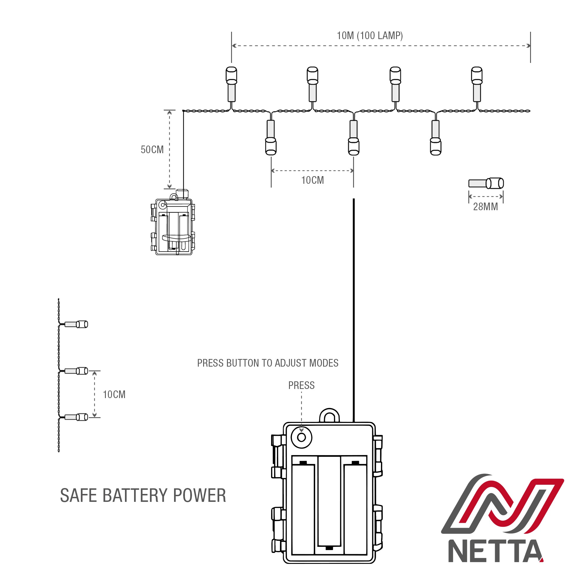 NETTA Battery Operated 100 LED 10M Christmas Tree Fairy Lights with Timer - 8 Different Mode String Lights