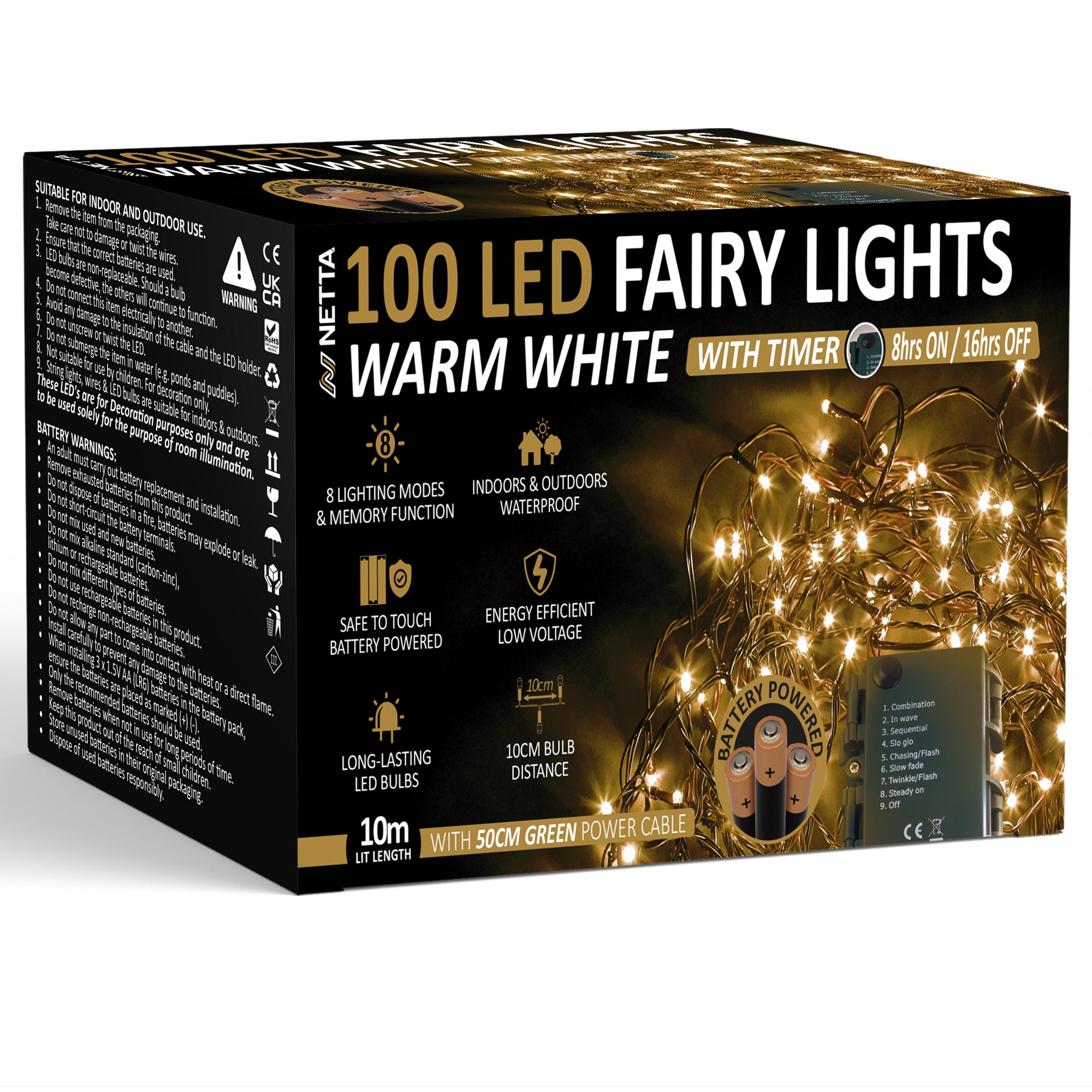 NETTA Battery Operated 100 LED 10M Christmas Tree Fairy Lights with Timer - 8 Different Mode String Lights