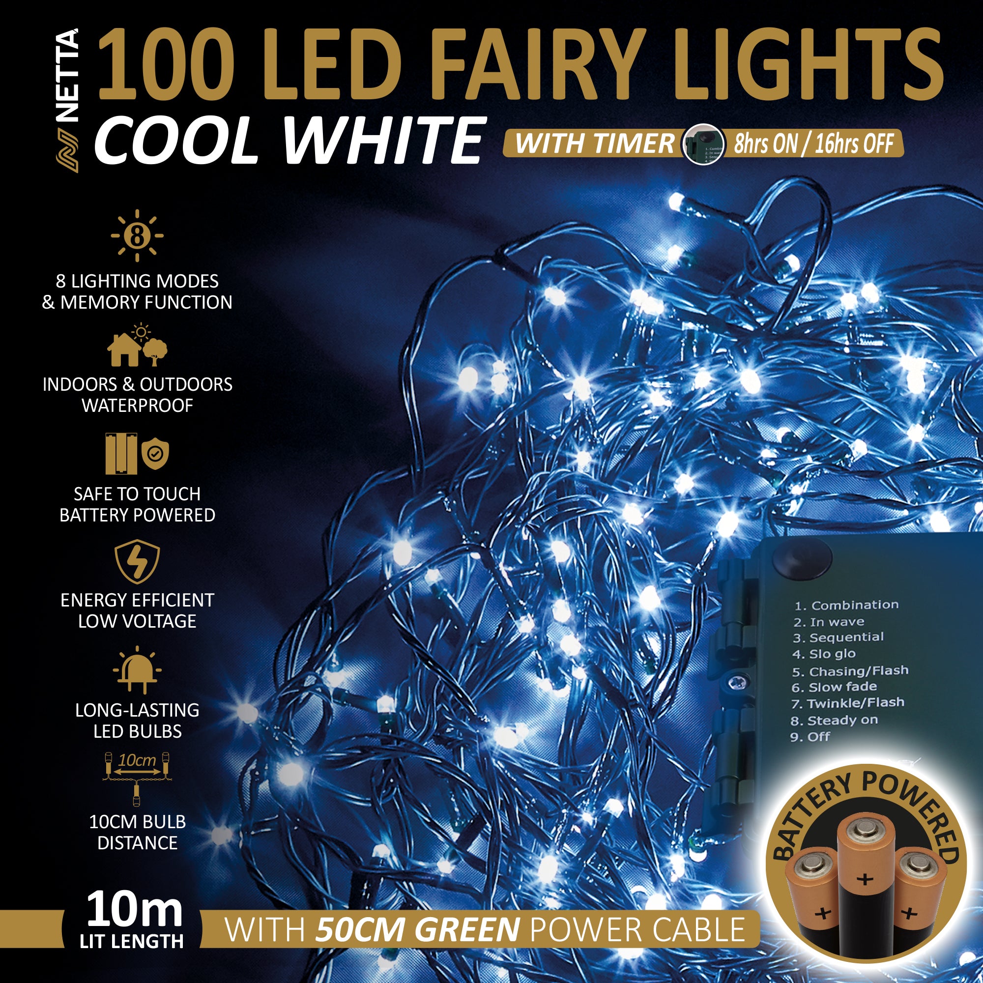 NETTA Battery Operated 100 LED 10M Christmas Tree Fairy Lights with Timer - 8 Different Mode String Lights