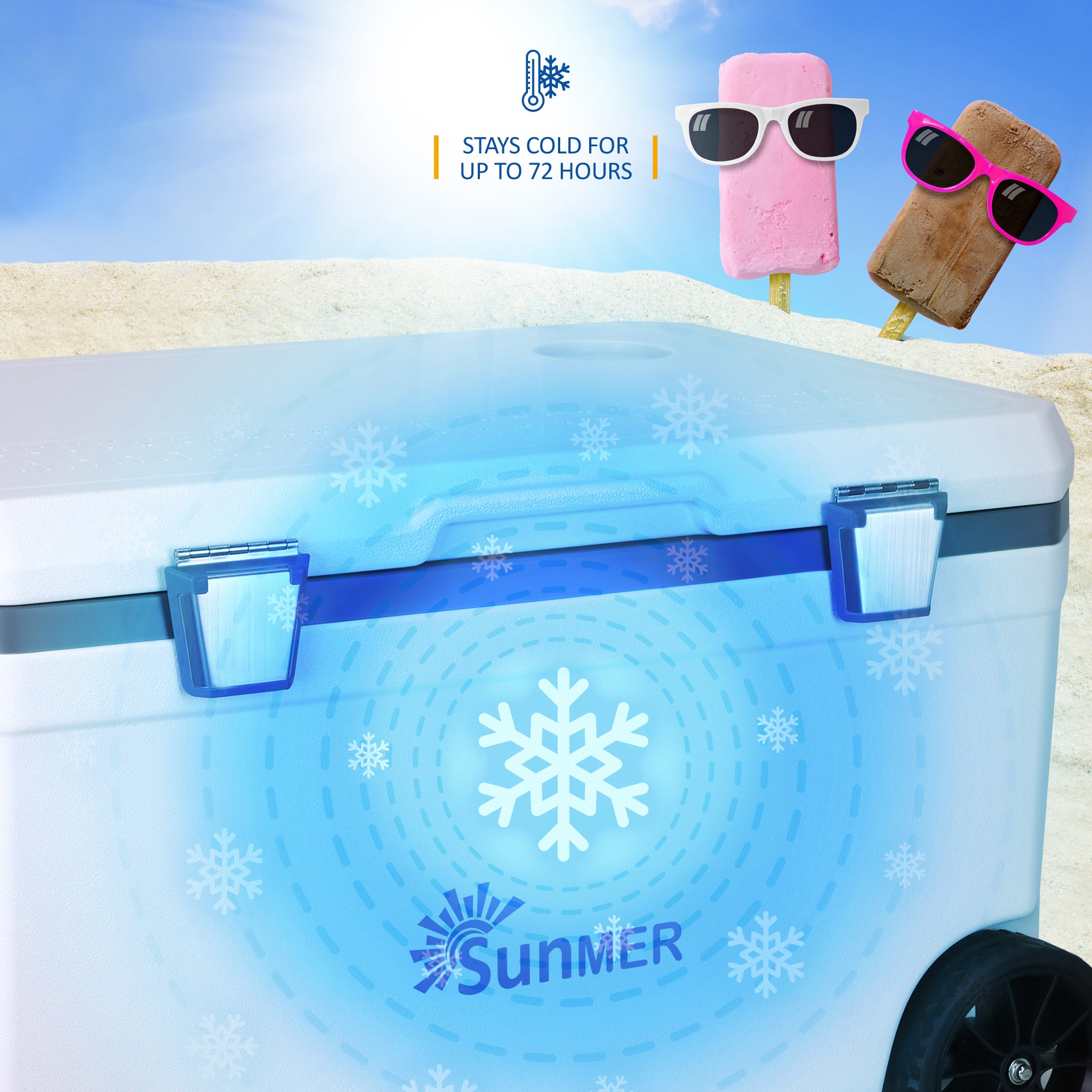 SUNMER 70L Wheeled Cooler Box – PU Foam Insulated Ice Chest with Handles & Drain Plug