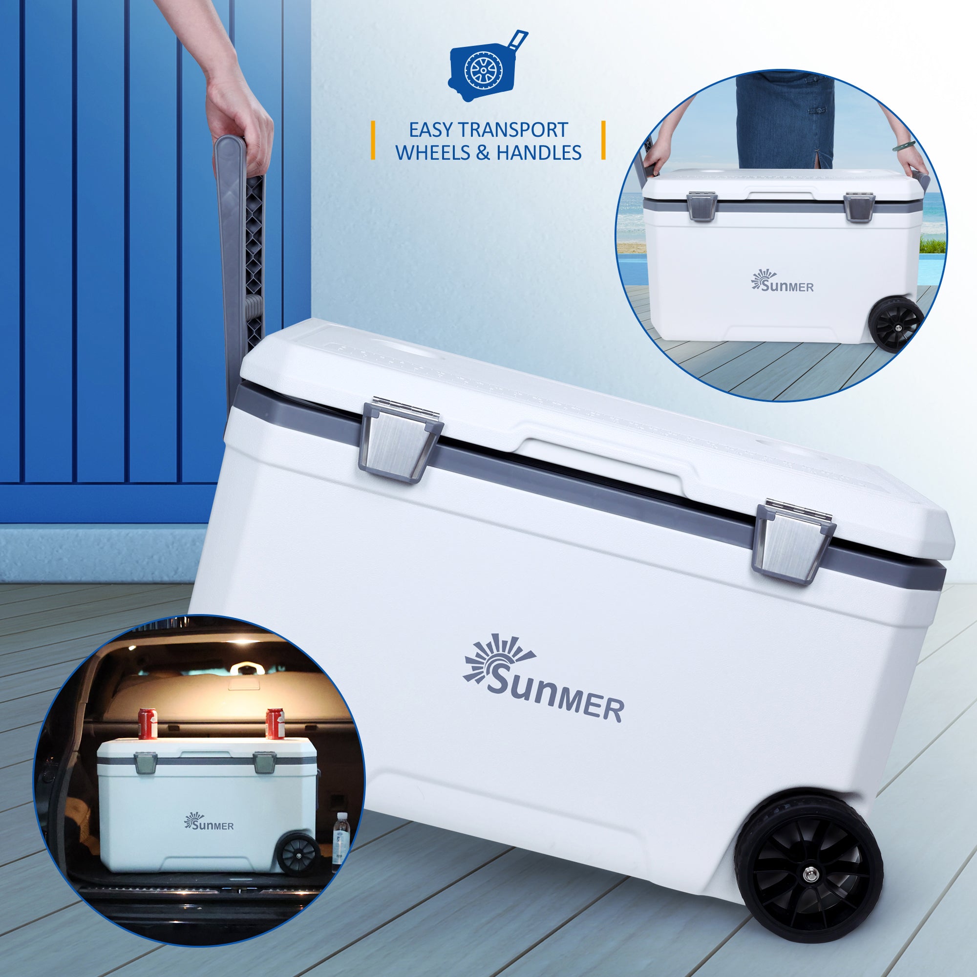 SUNMER 70L Wheeled Cooler Box – PU Foam Insulated Ice Chest with Handles & Drain Plug