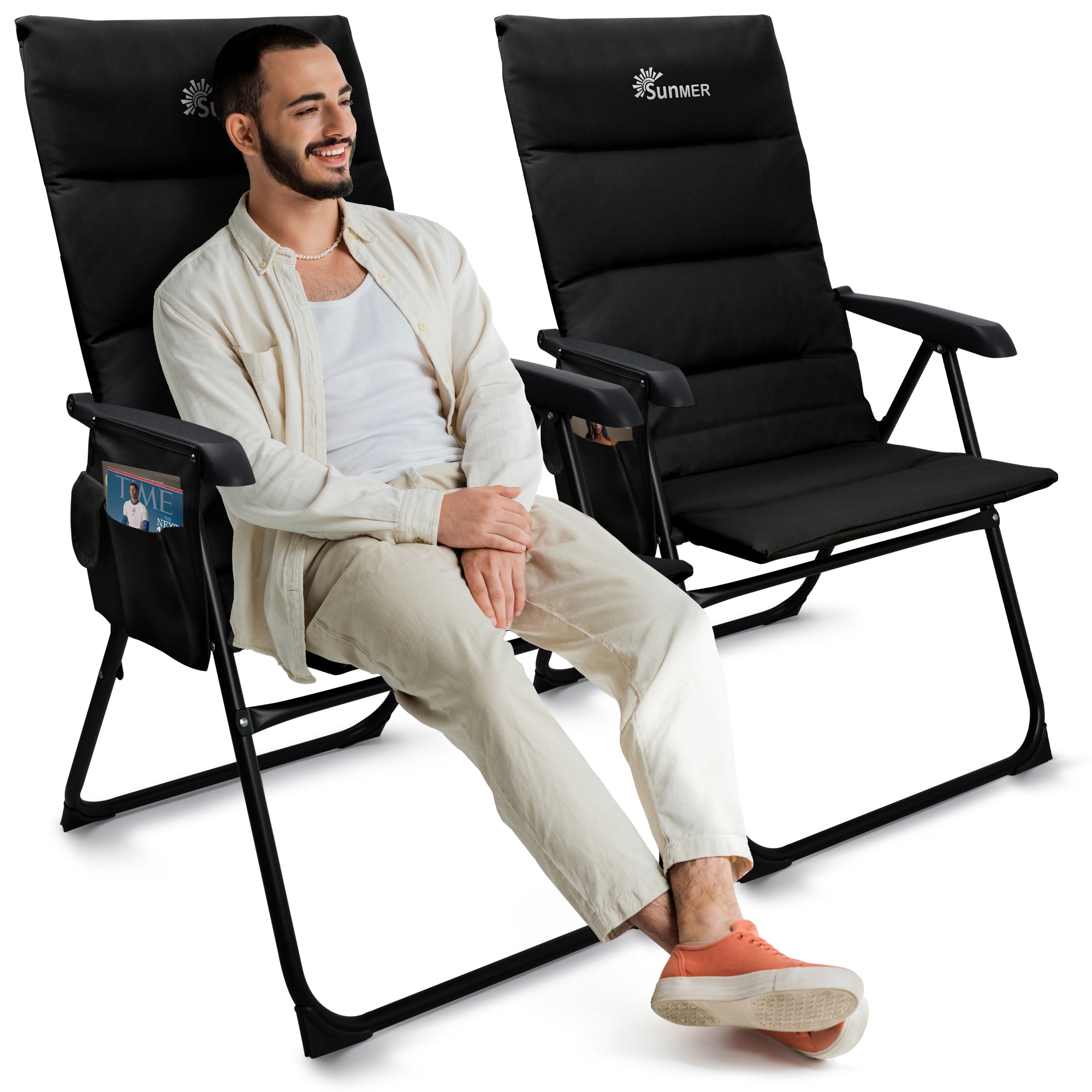 SUNMER Set of 2 High Back Folding Padded Deck Chairs with 5 Reclining Positions