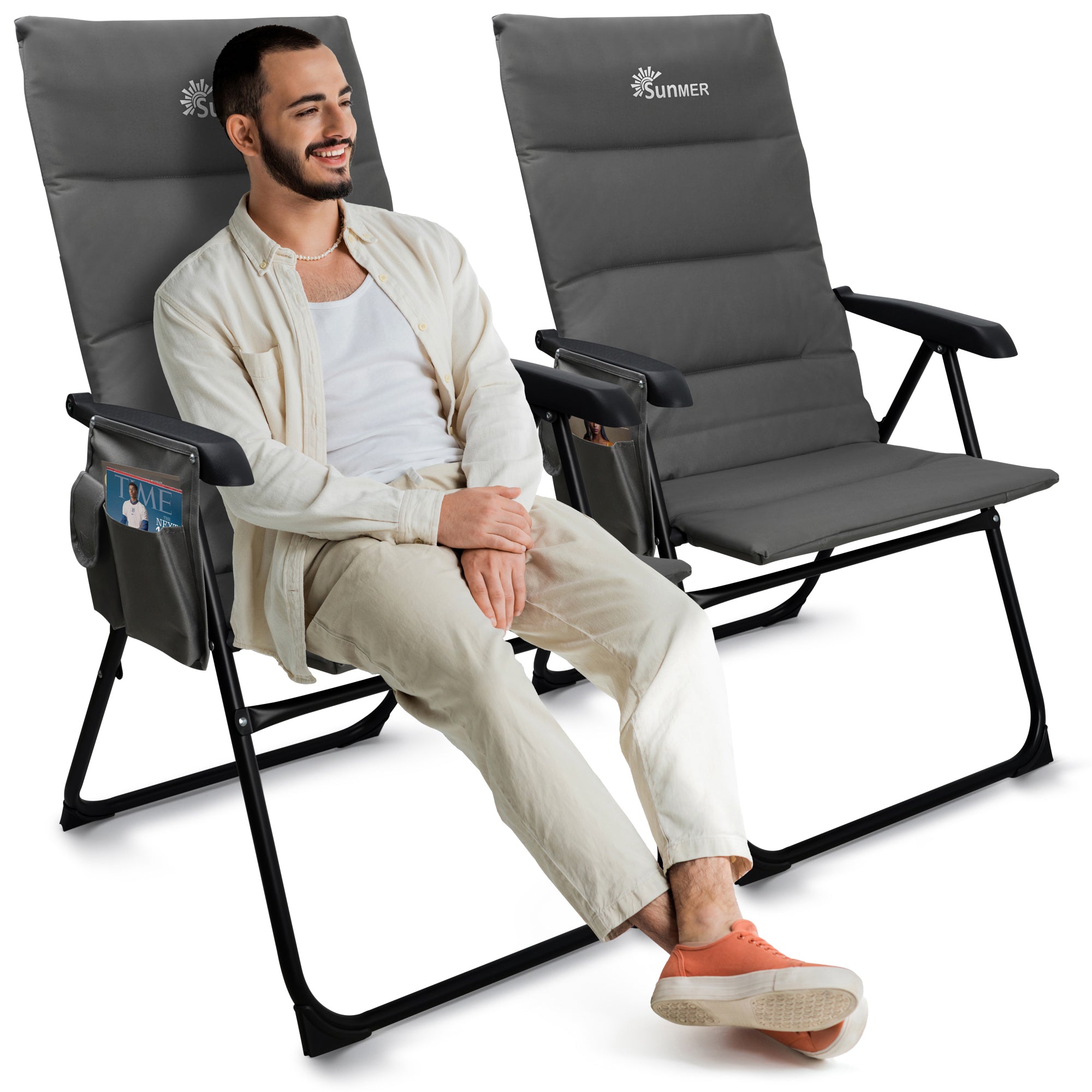 SUNMER Set of 2 High Back Folding Padded Deck Chairs with 5 Reclining Positions