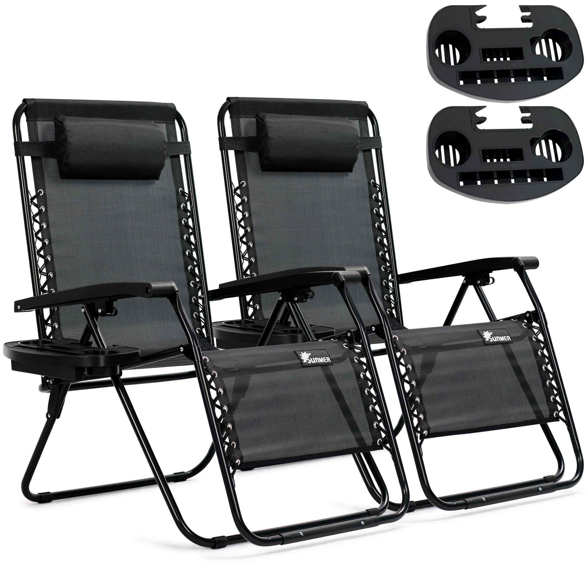 SUNMER Extra-Wide Reclining Garden Chairs with Cup and Phone Holder - Set of 2