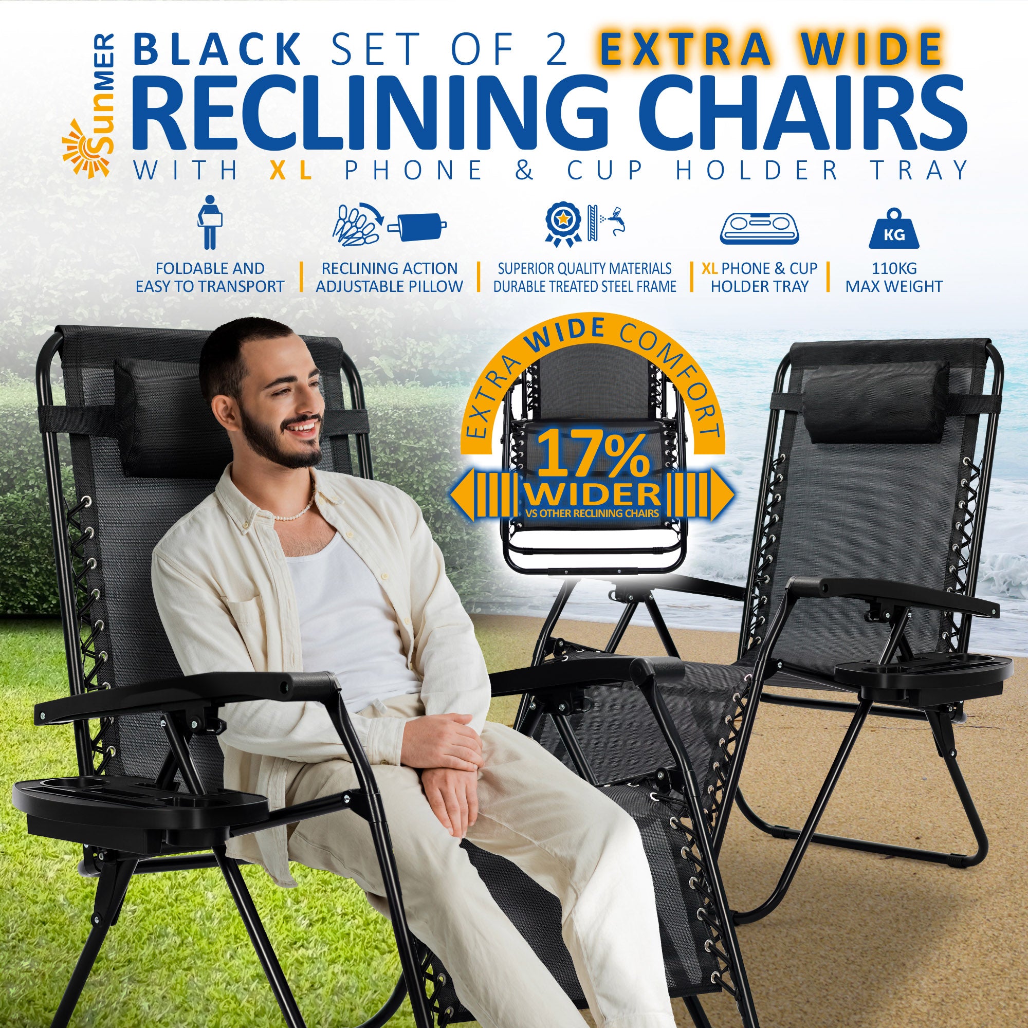 SUNMER Extra-Wide Reclining Garden Chairs with Cup and Phone Holder - Set of 2