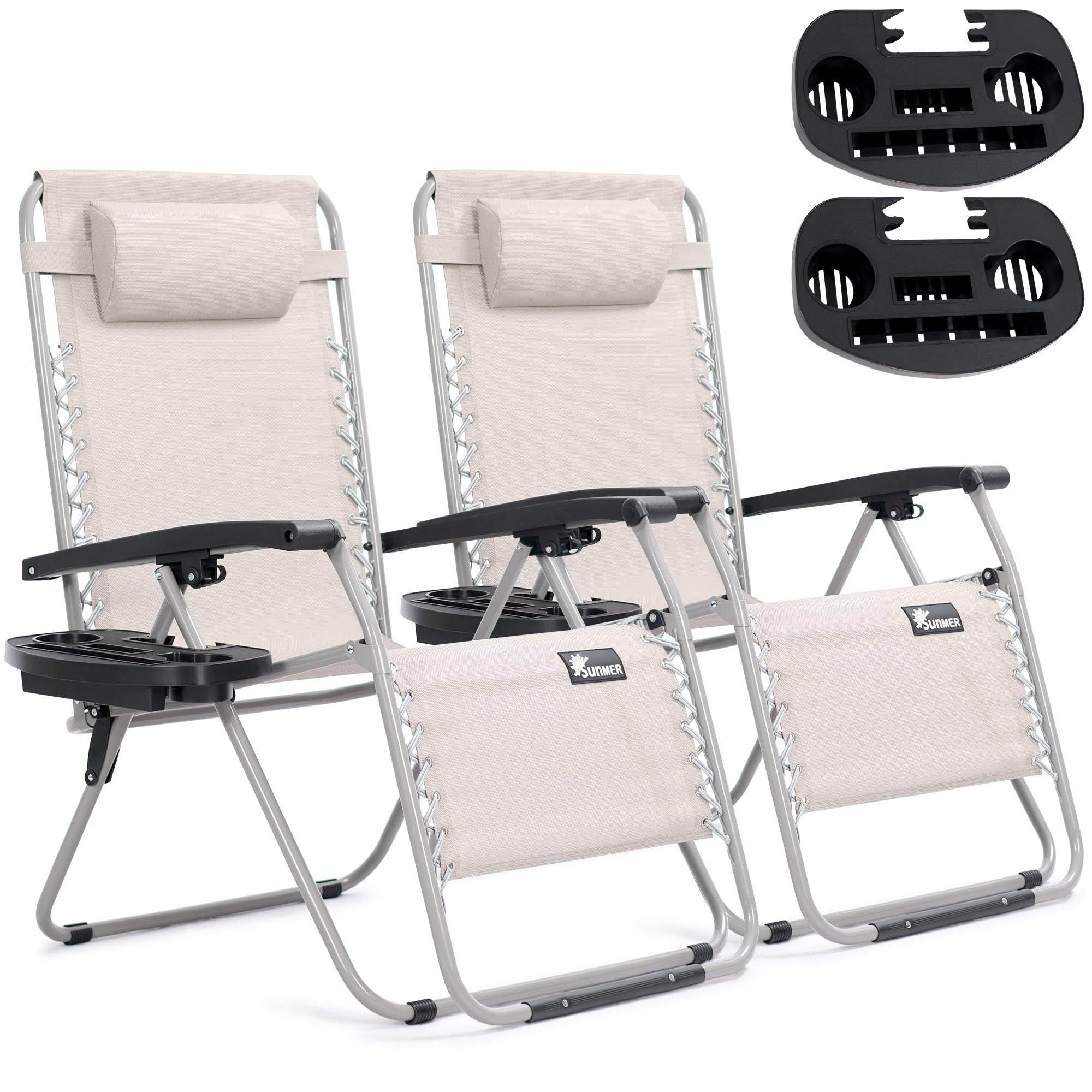 SUNMER Extra-Wide Reclining Garden Chairs with Cup and Phone Holder - Set of 2