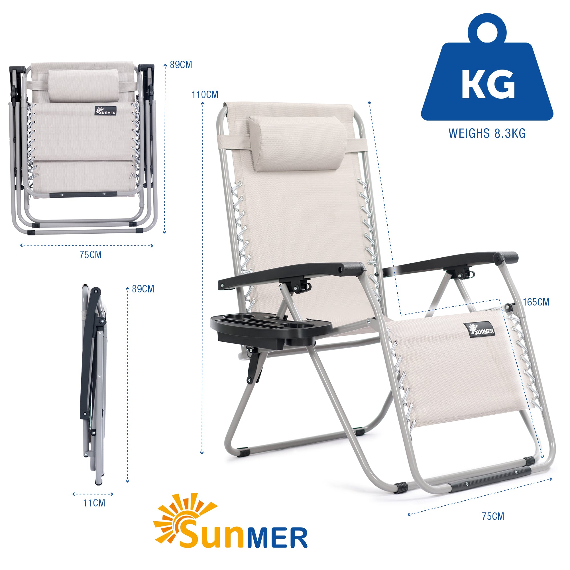 SUNMER Extra-Wide Reclining Garden Chairs with Cup and Phone Holder - Set of 2