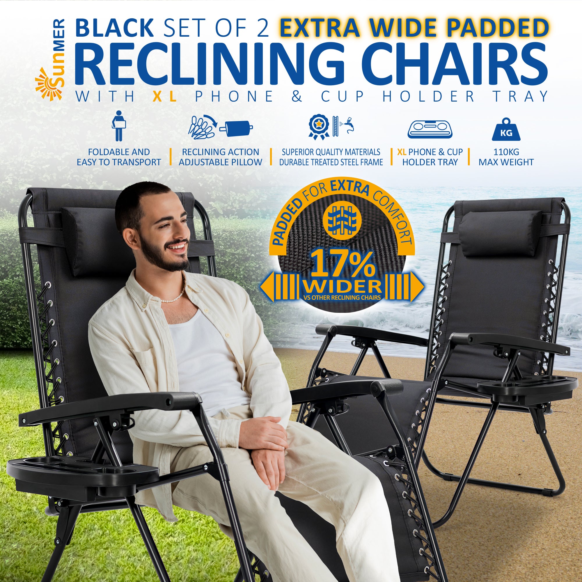 SUNMER Extra-Wide Padded Recliner Chairs with Cup And Phone Holder - Set of 2