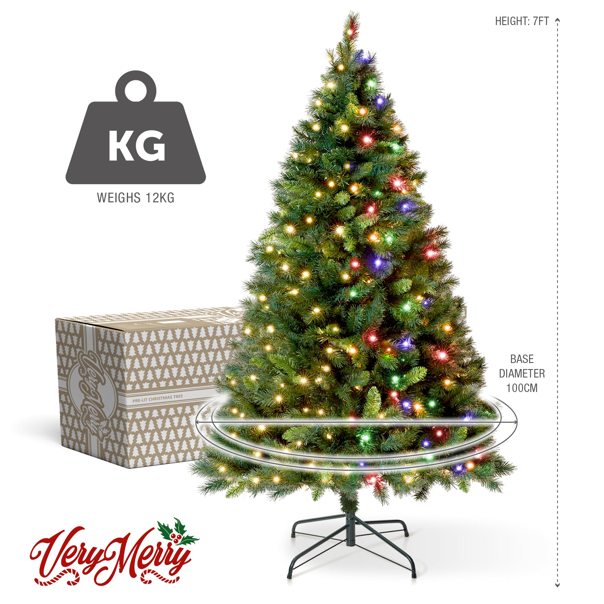 VeryMerry 7FT Pre Lit Christmas Tree 2in1 Dual-Color - Warm White/Multi Colour 400 LED Lights with Auto-Off Timer