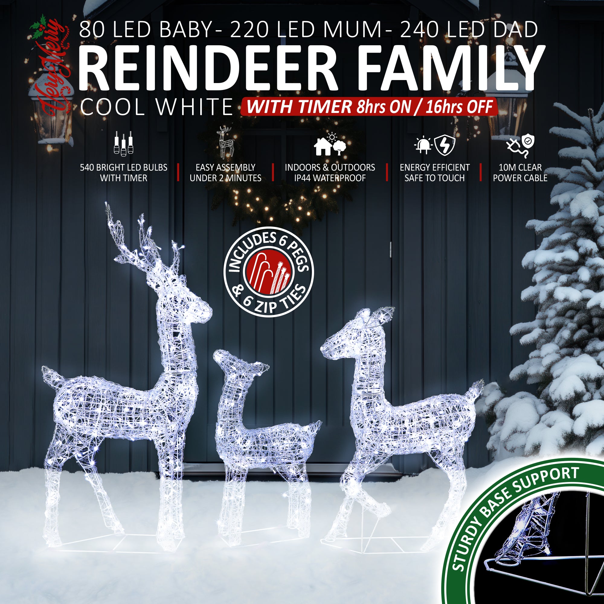 VeryMerry Christmas Reindeer with Sleigh, Cool White LED Light Up Acrylic Figures Garden Christmas Decoration, Auto-Off Timer