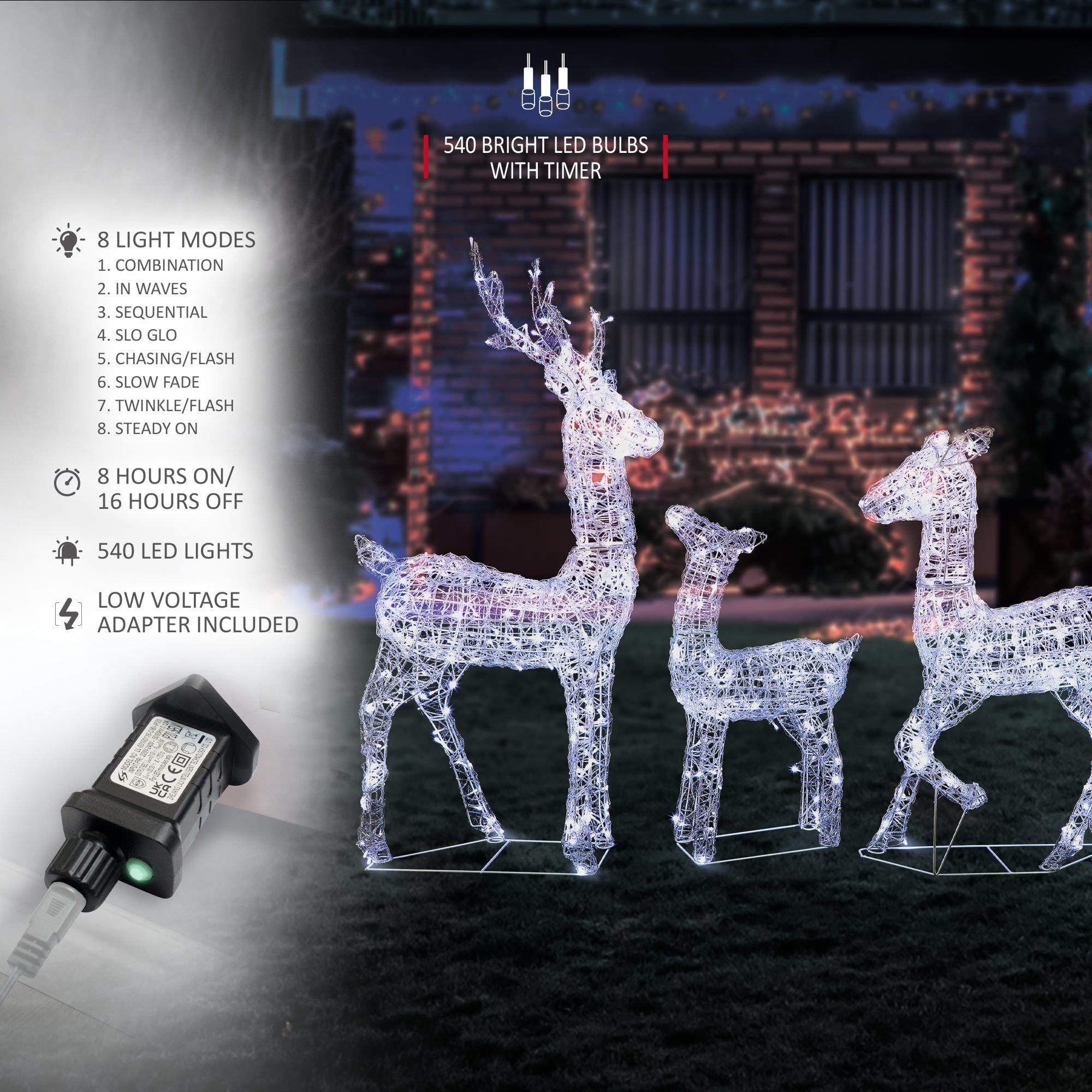 VeryMerry Christmas Reindeer with Sleigh, Cool White LED Light Up Acrylic Figures Garden Christmas Decoration, Auto-Off Timer