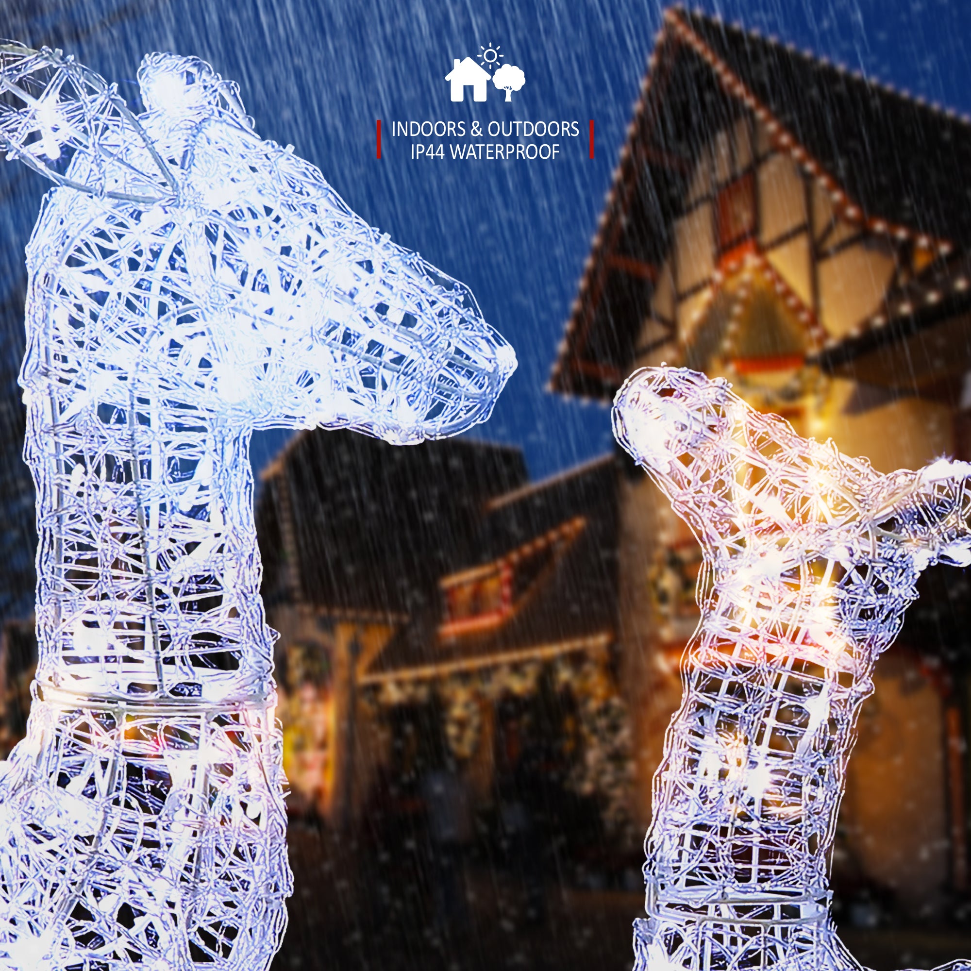 VeryMerry Christmas Reindeer with Sleigh, Cool White LED Light Up Acrylic Figures Garden Christmas Decoration, Auto-Off Timer