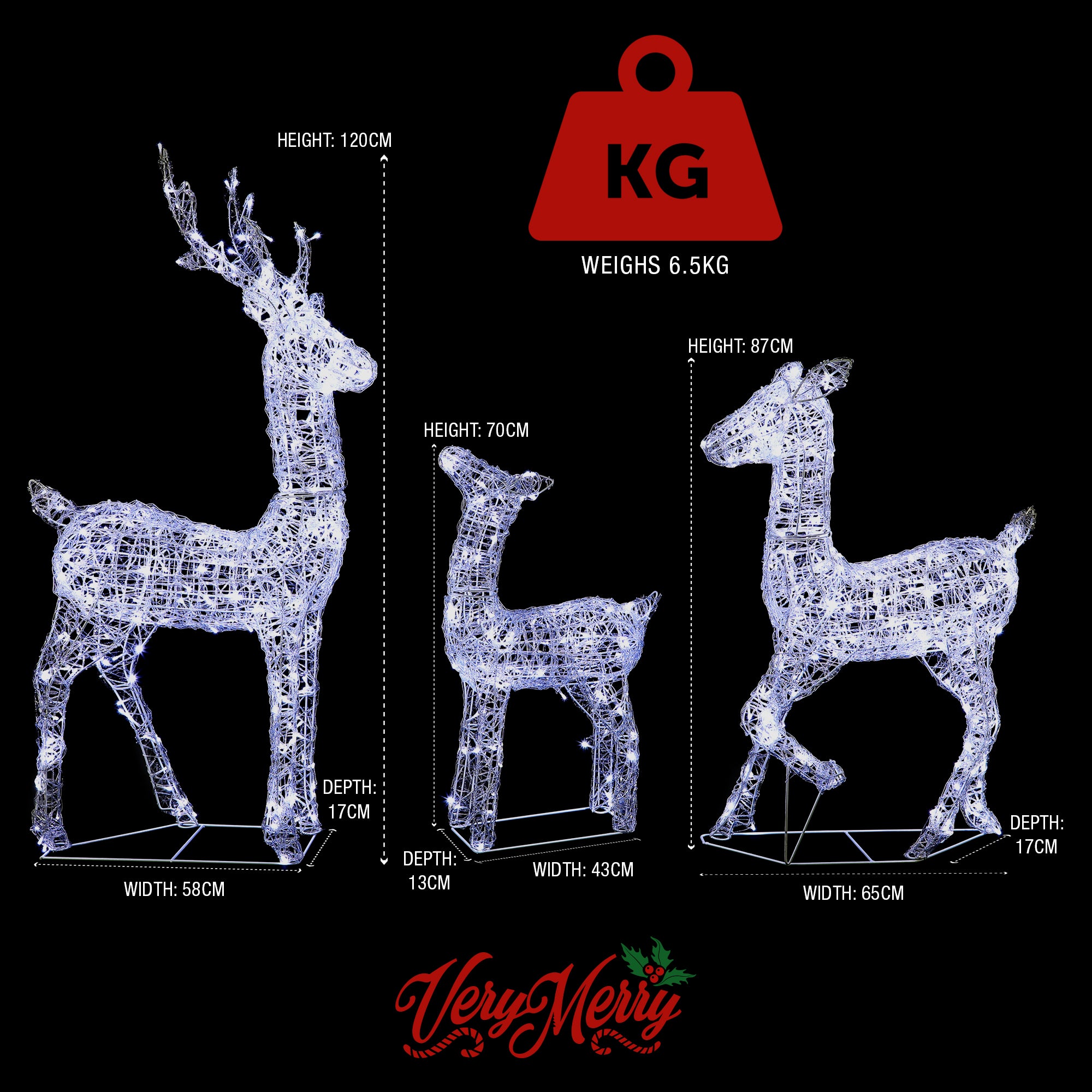 VeryMerry Christmas Reindeer with Sleigh, Cool White LED Light Up Acrylic Figures Garden Christmas Decoration, Auto-Off Timer