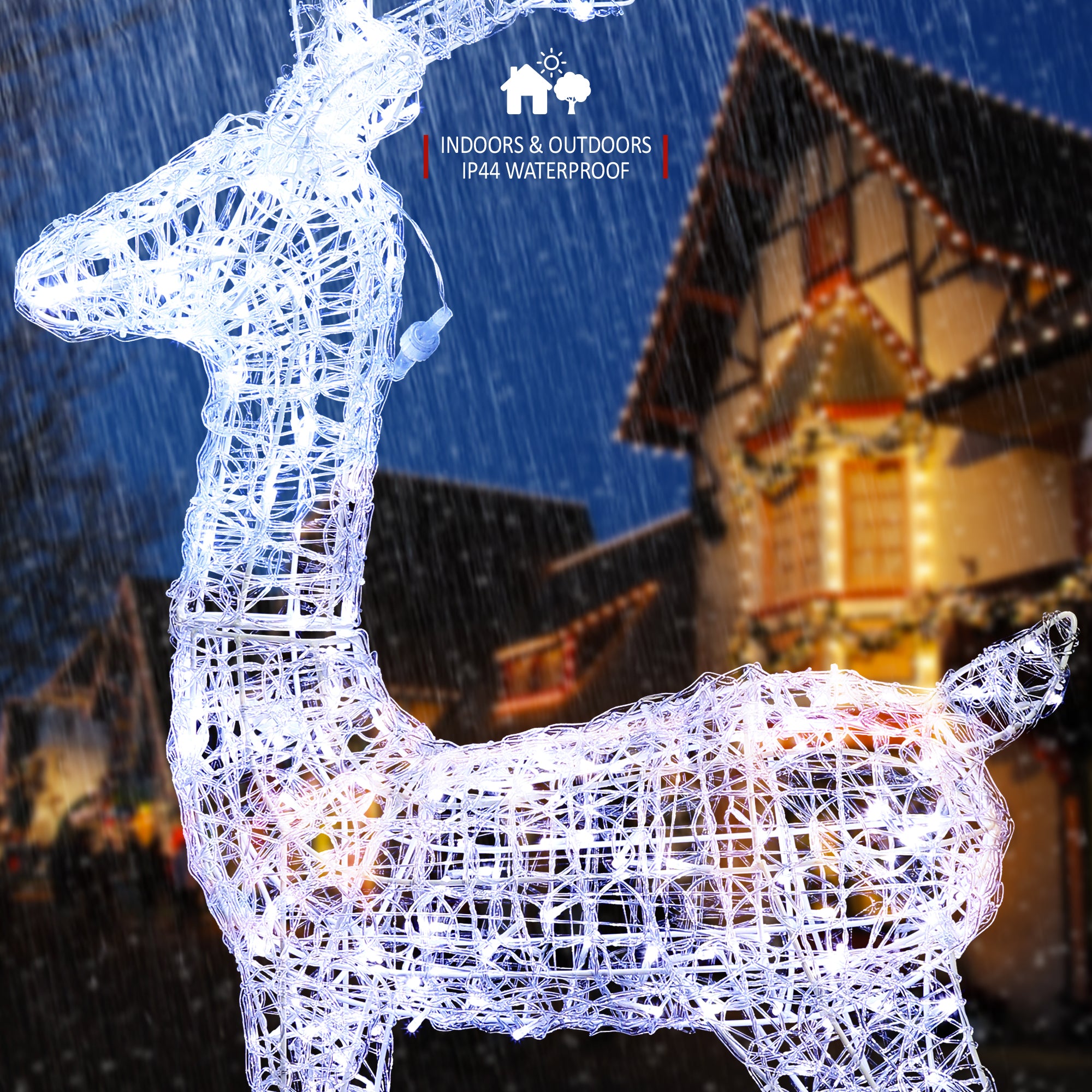 VeryMerry Christmas Reindeer with Sleigh, Cool White LED Light Up Acrylic Figures Garden Christmas Decoration, Auto-Off Timer