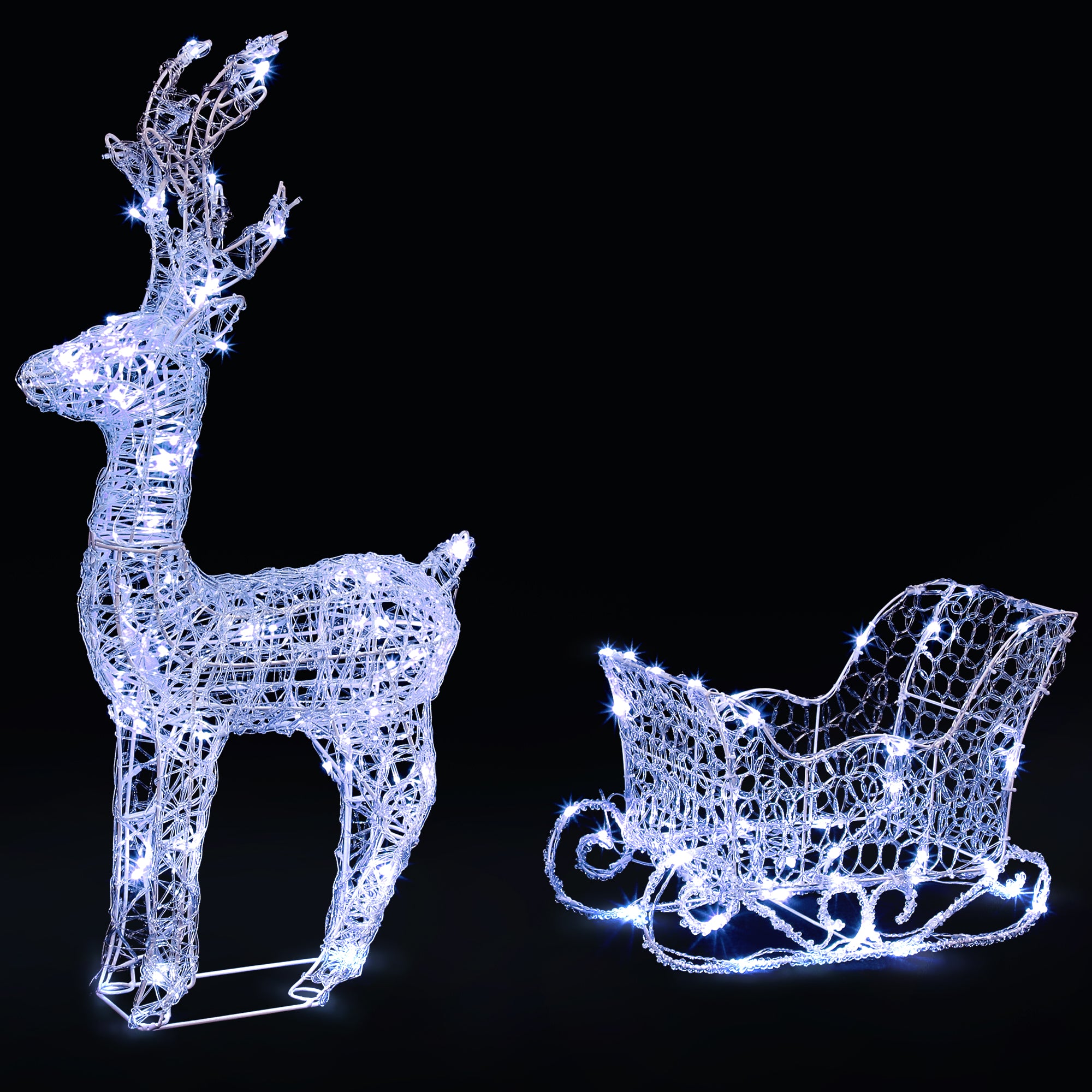 VeryMerry Christmas Reindeer with Sleigh, Cool White LED Light Up Acrylic Figures Garden Christmas Decoration, Auto-Off Timer