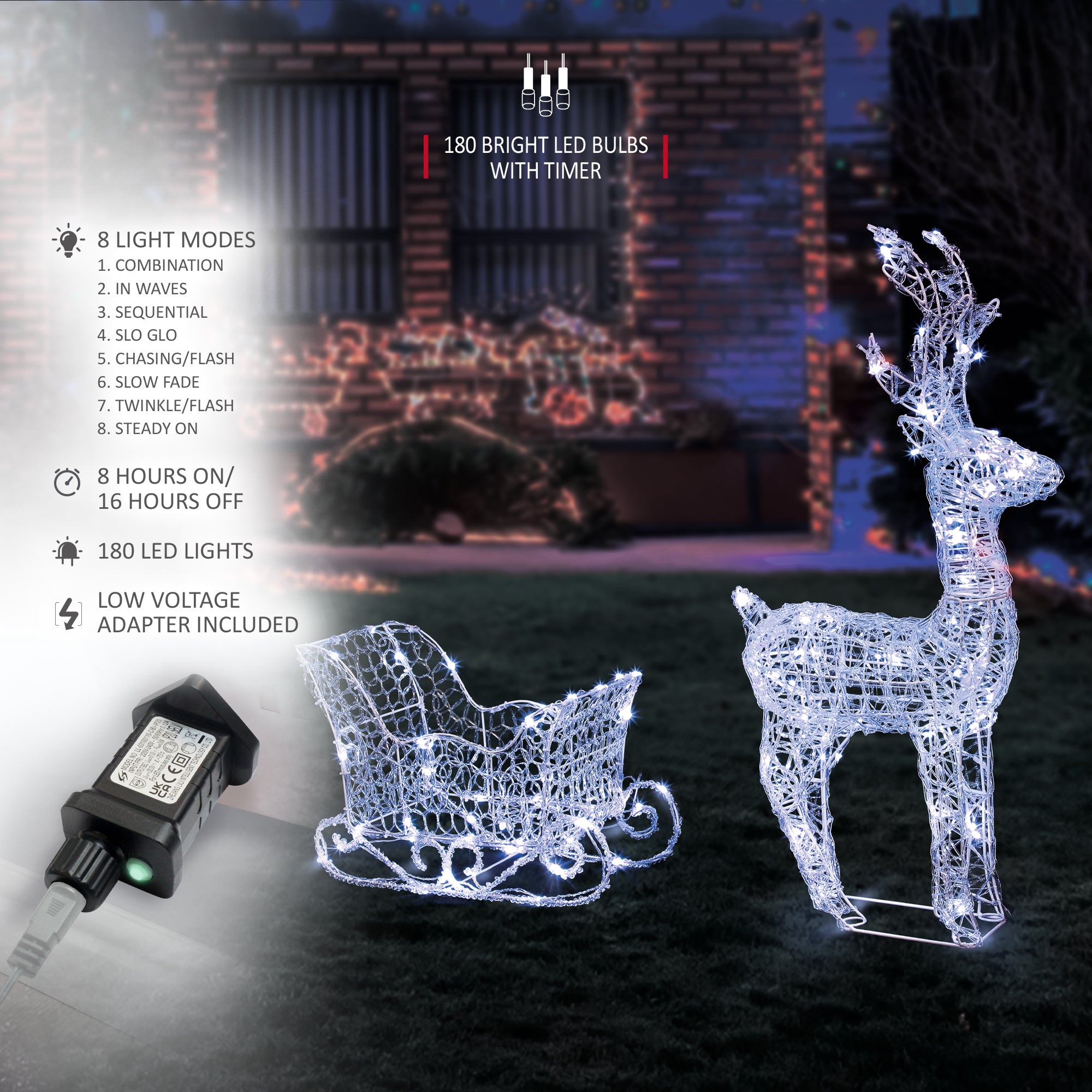 VeryMerry Christmas Reindeer with Sleigh, Cool White LED Light Up Acrylic Figures Garden Christmas Decoration, Auto-Off Timer