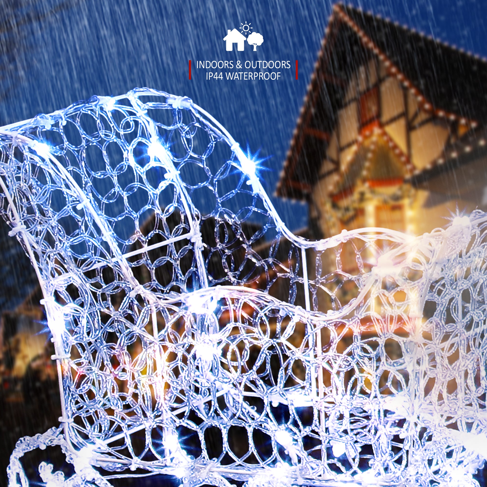 VeryMerry Christmas Reindeer with Sleigh, Cool White LED Light Up Acrylic Figures Garden Christmas Decoration, Auto-Off Timer