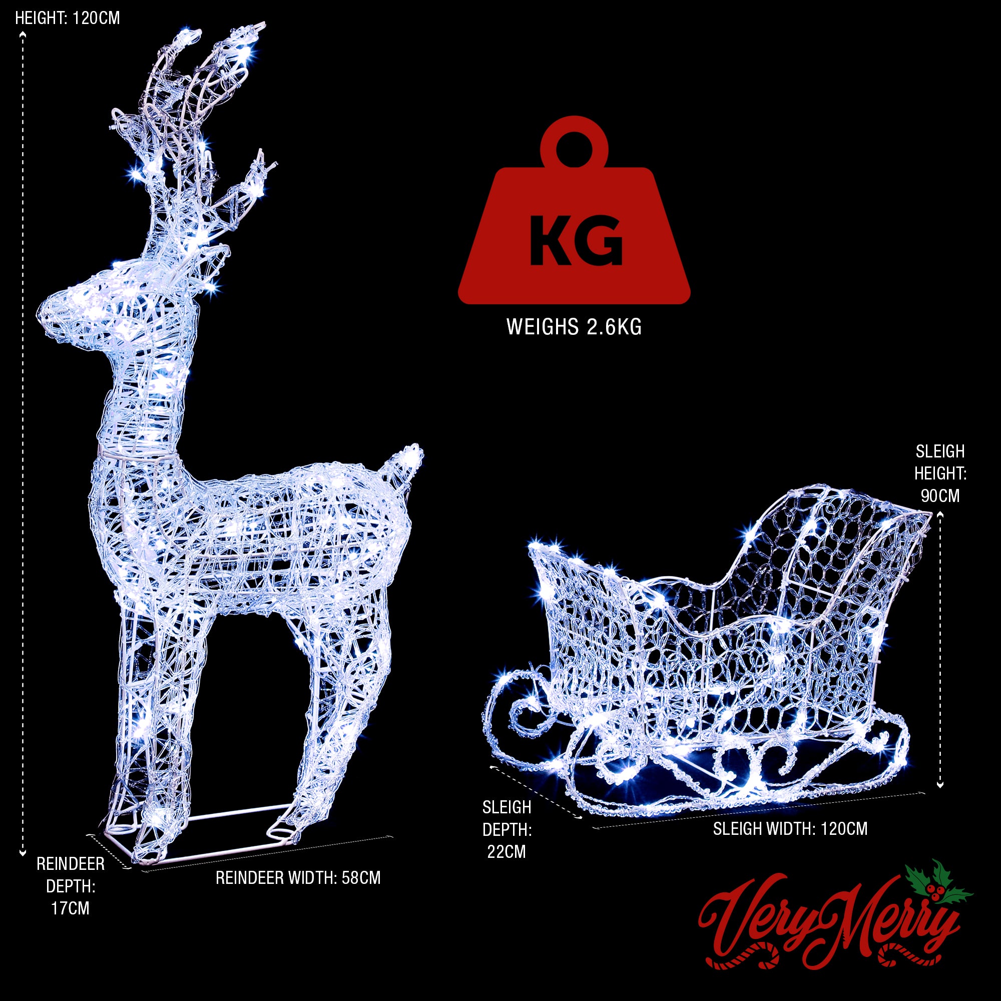 VeryMerry Christmas Reindeer with Sleigh, Cool White LED Light Up Acrylic Figures Garden Christmas Decoration, Auto-Off Timer