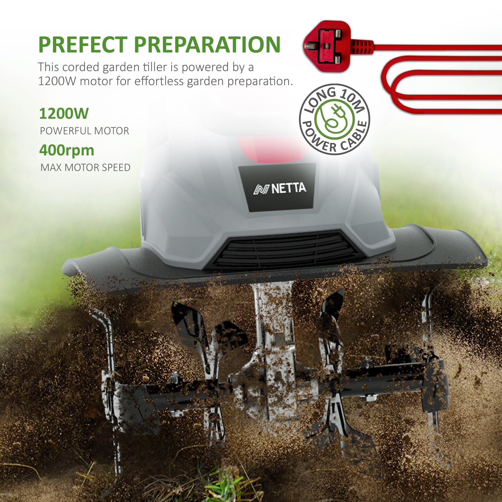 NETTA 1200W Electric Tiller – Soil Cultivator for Home Gardens, 36cm Wide, 22cm Deep, 10m Cable, Lightweight & Easy to Handle