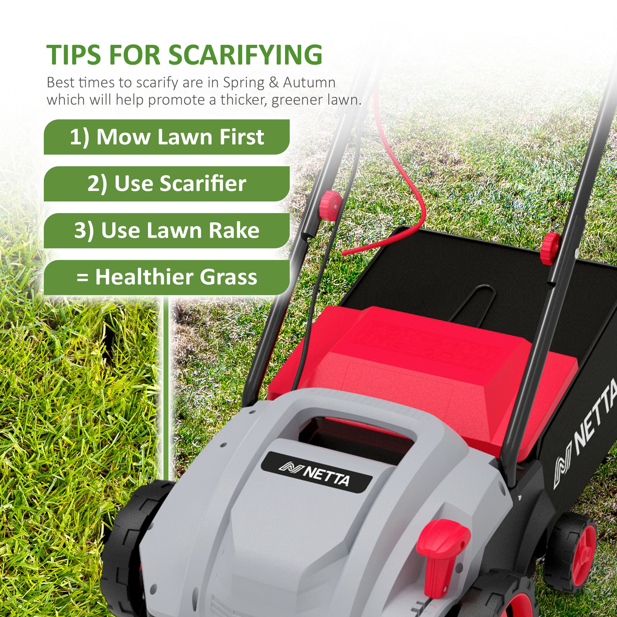 NETTA 1500W Lawn Scarifier & Aerator – Lawn Rake, 32cm Width, 4 Height Levels, 30L Grass Box, 10m Power Cable