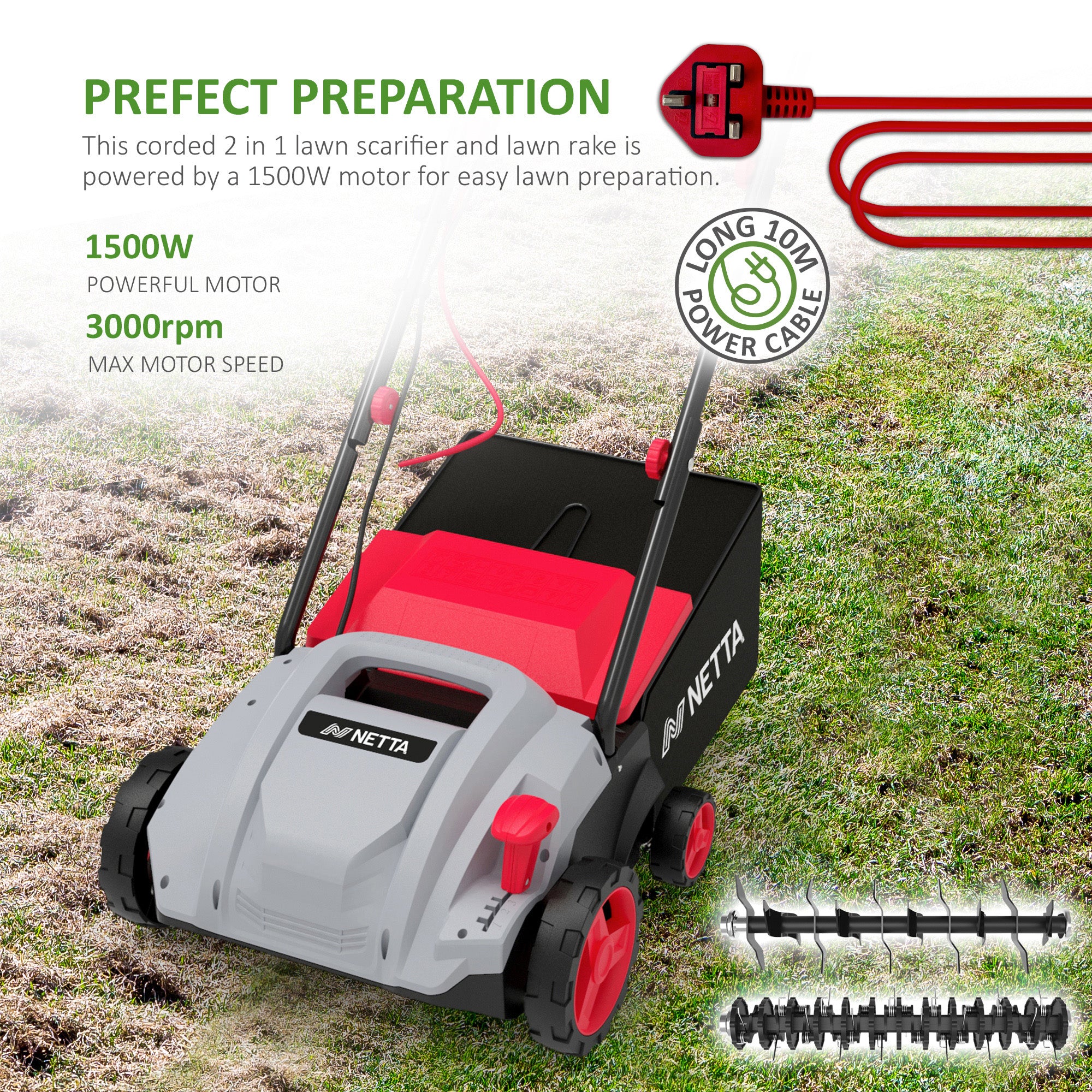 NETTA 1500W Lawn Scarifier & Aerator – Lawn Rake, 32cm Width, 4 Height Levels, 30L Grass Box, 10m Power Cable