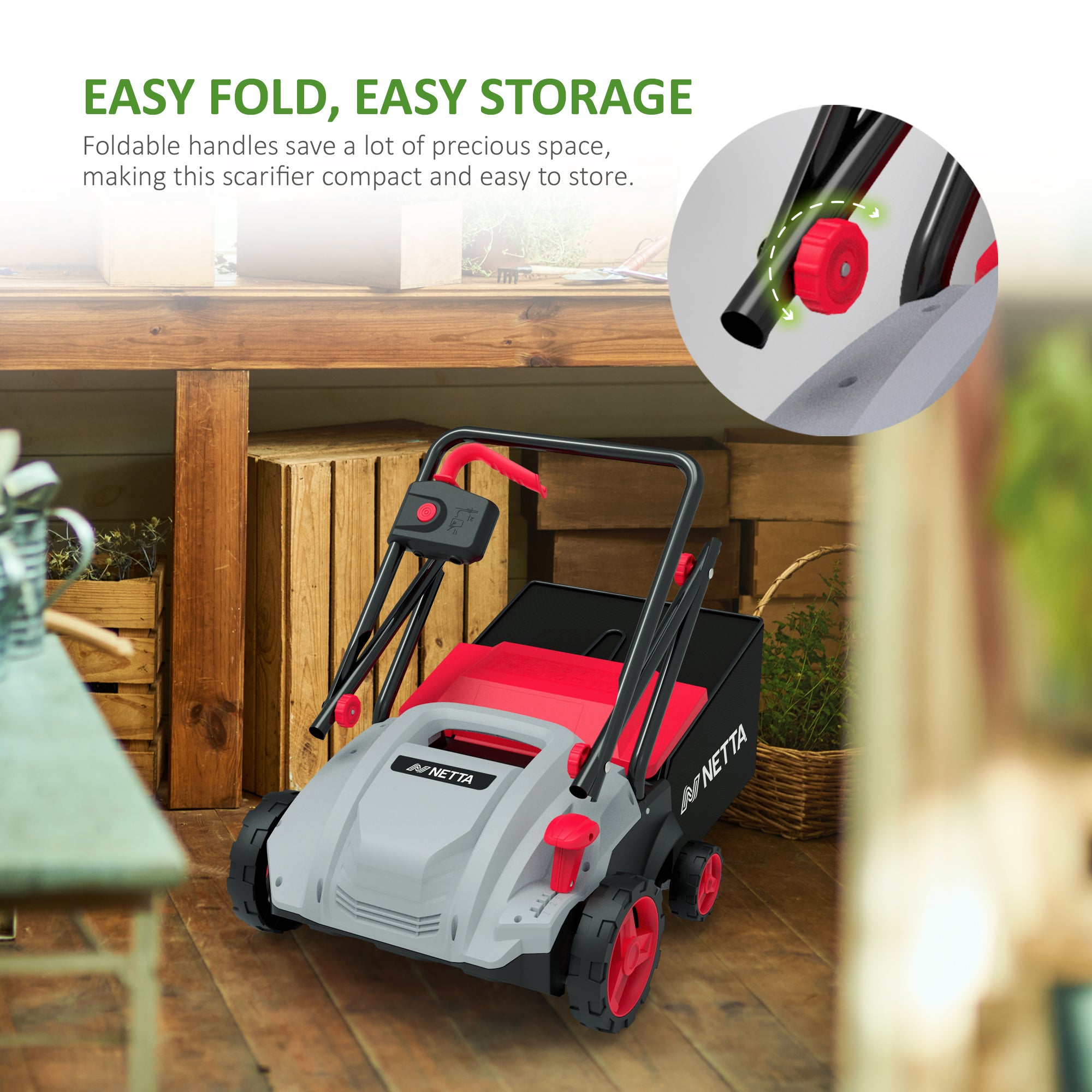 NETTA 1500W Lawn Scarifier & Aerator – Lawn Rake, 32cm Width, 4 Height Levels, 30L Grass Box, 10m Power Cable