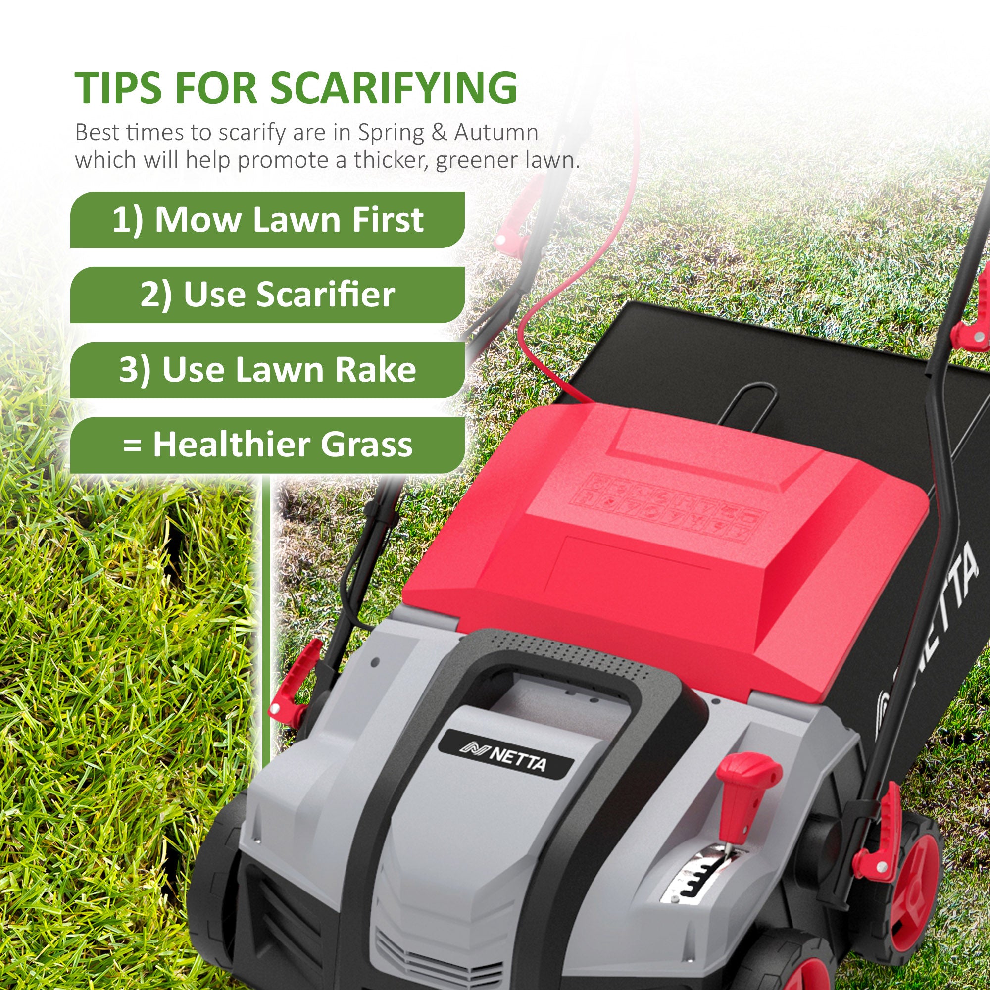 NETTA 2000W Electric Lawn Scarifier & Aerator – Removes Moss & Thatch, 40cm Working Width, 5 Height Settings, 55L Collection Box
