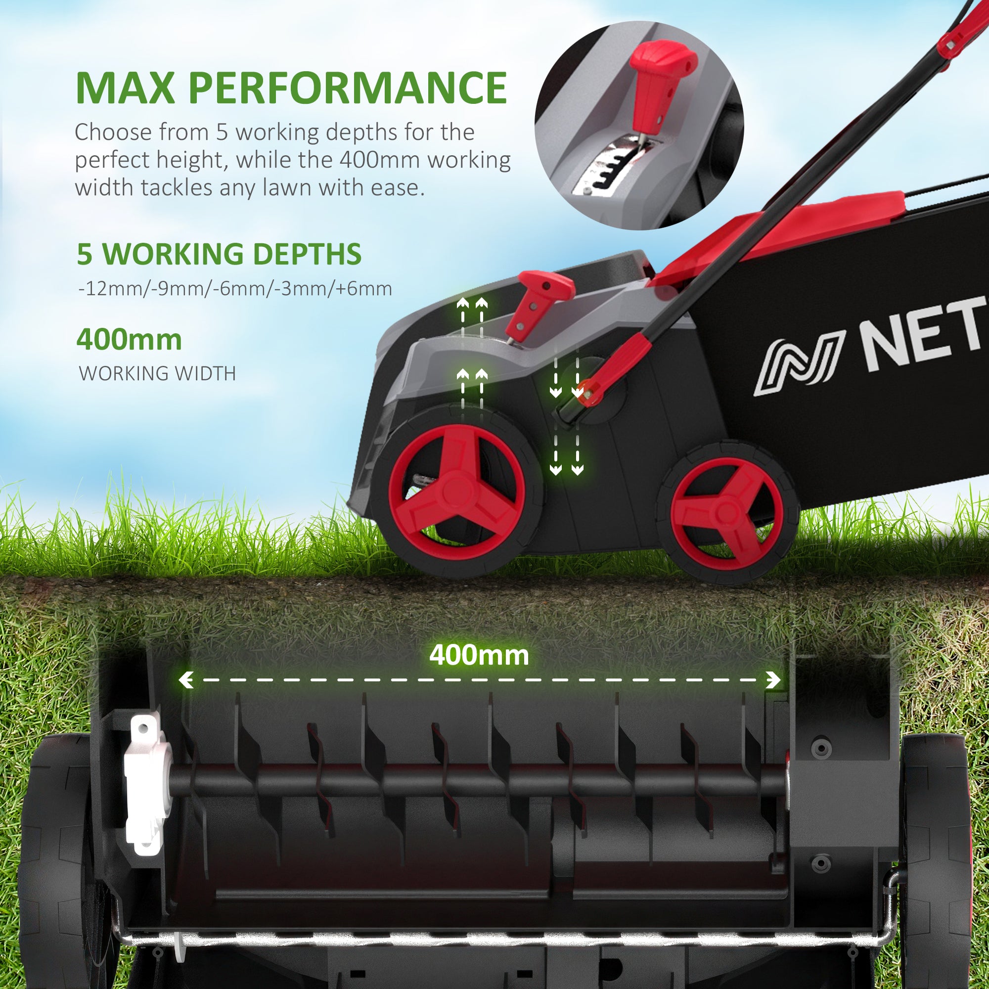 NETTA 2000W Electric Lawn Scarifier & Aerator – Removes Moss & Thatch, 40cm Working Width, 5 Height Settings, 55L Collection Box