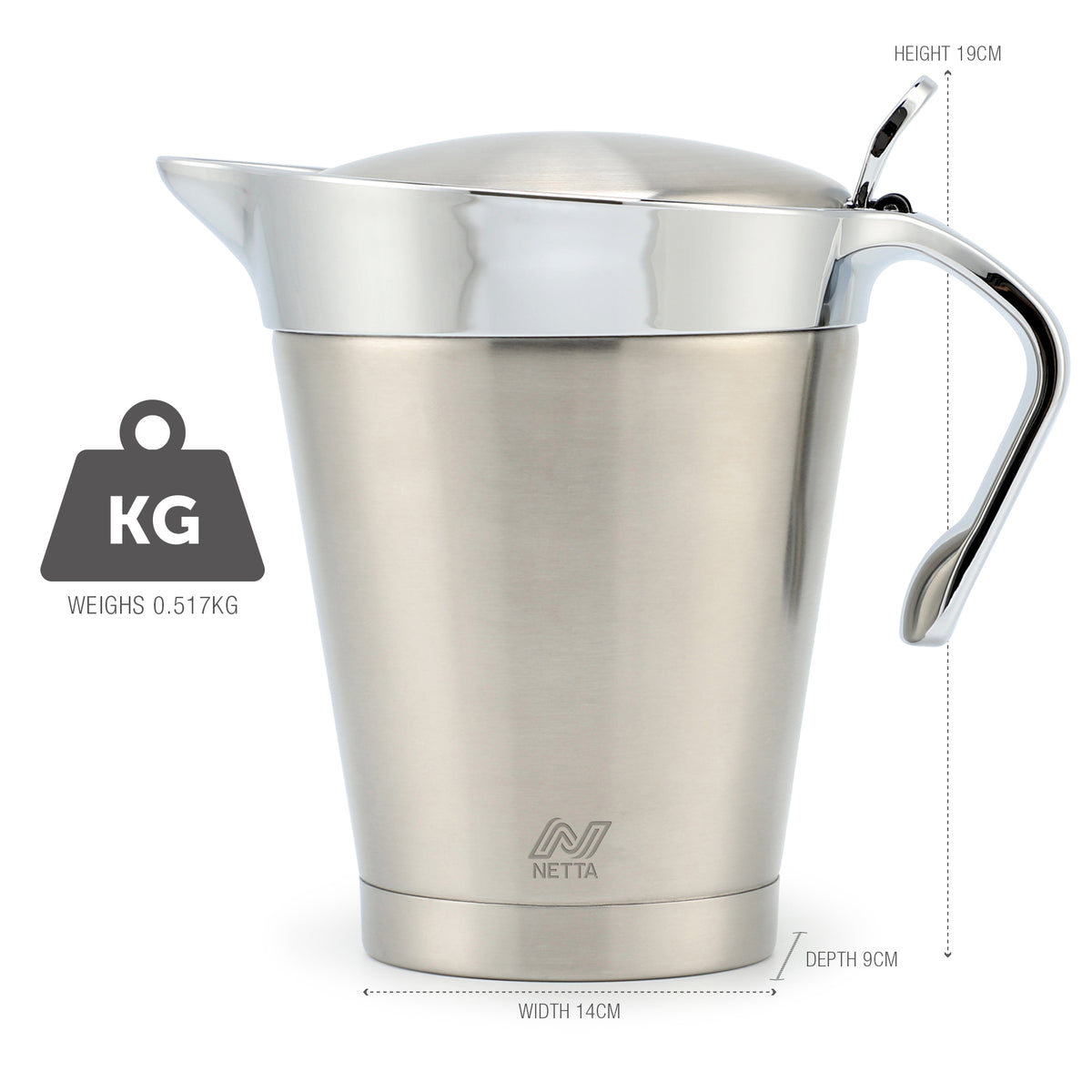NETTA 1L Stainless Steel Gravy Boat with Lid – Double Wall Insulated Sauce Jug for Gravy, Custard, Cream & Sauces